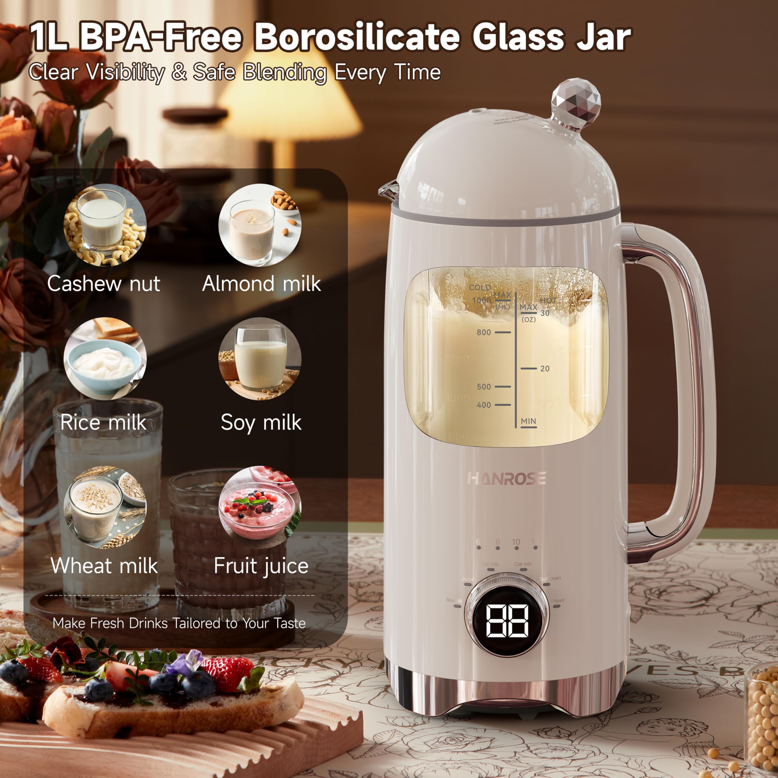 Máquina para fabricar leche de nuez 6 en 1, máquina de leche de soja y almendras de 34 onzas con 8 cuchillas, licuadora automática para leche de avena casera y batidos, bebidas a base de plantas 2