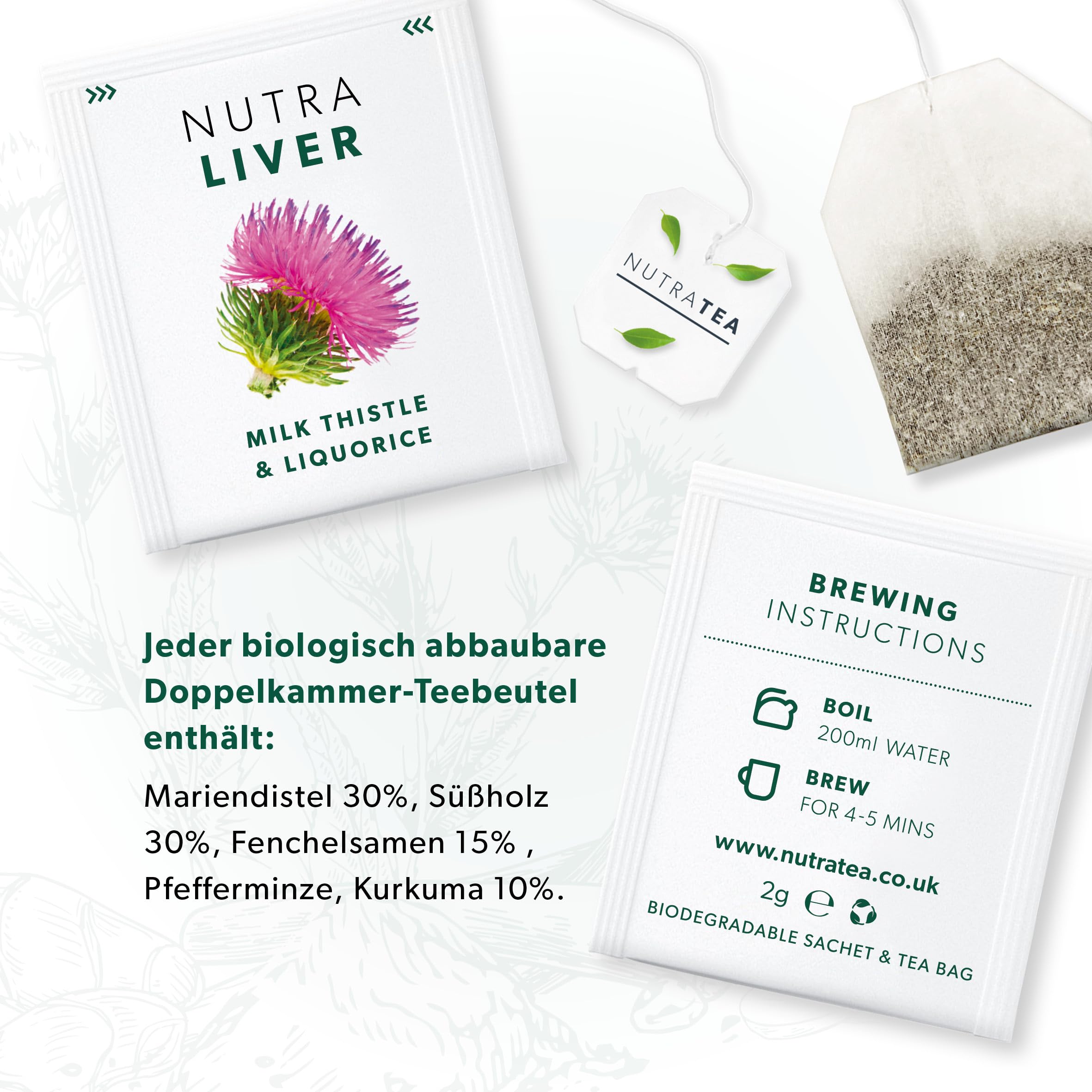 Nutra Tea NUTRALIVER, Detox Tee zum Entgiften der Leber, trägt zur Unterstützung der Leberregeneration & gesunde Verdauung bei, 60 wiederverwendbare Teebeutel, Leber Tee mit Mariendistel & Lakritz