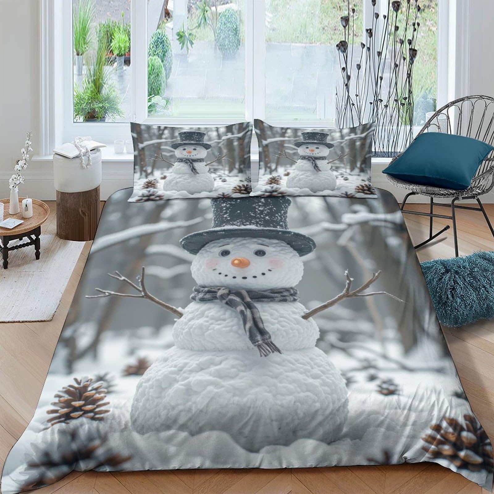 Ctjqhvkz Style-5 3D Printed Snowman Winter Scene Fitted Sheet Microfiber Soft Grey Forest Bed Cover For Bedroom Guest Room Decor Single（135X200cm）