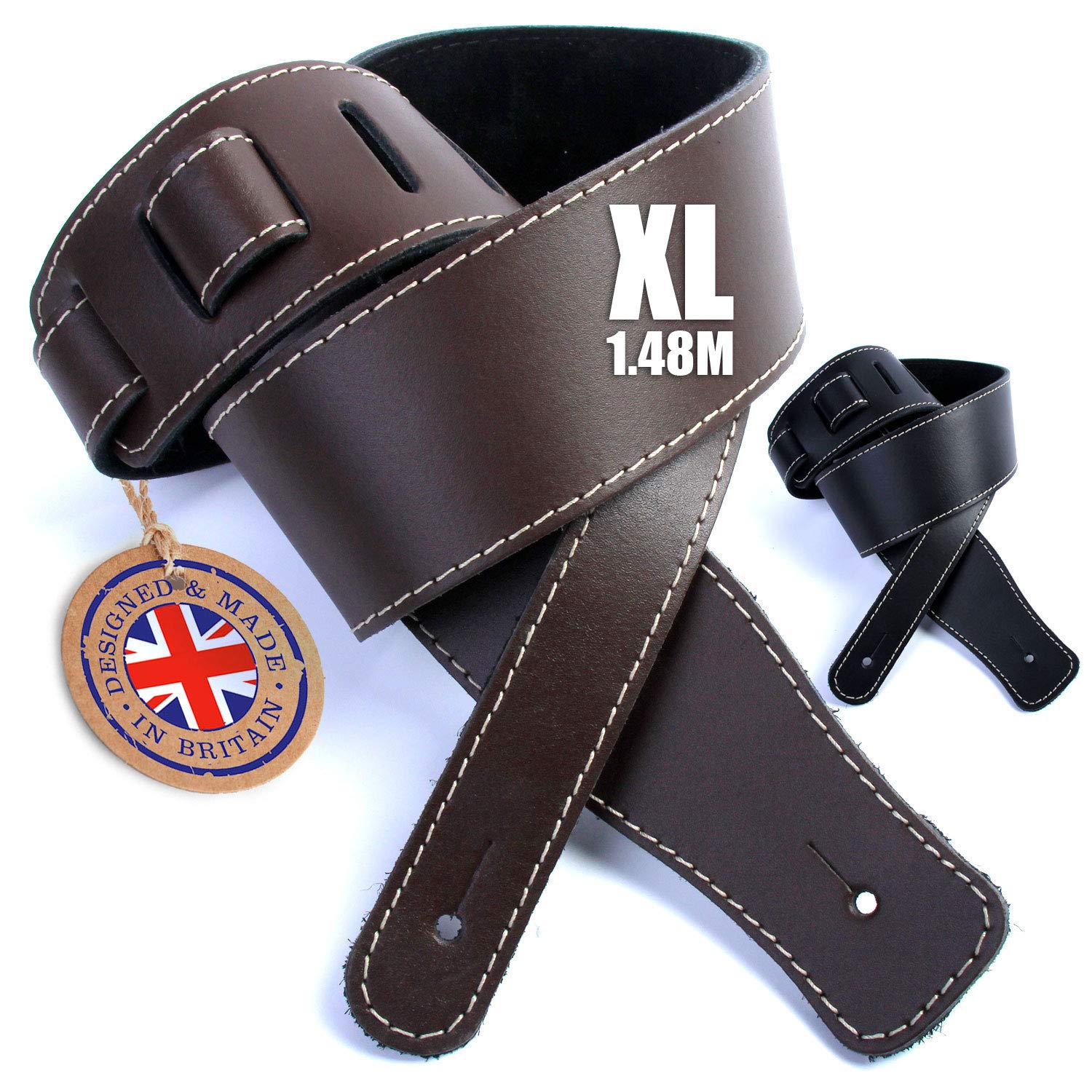 Nordell British Handmade Real Leather Guitar Strap: Finest Deluxe Italian Nappa Leather, 1.48m XL long Guitar Belt - Suits Electric, Bass or Acoustic Instruments (inc Semi/Electro)