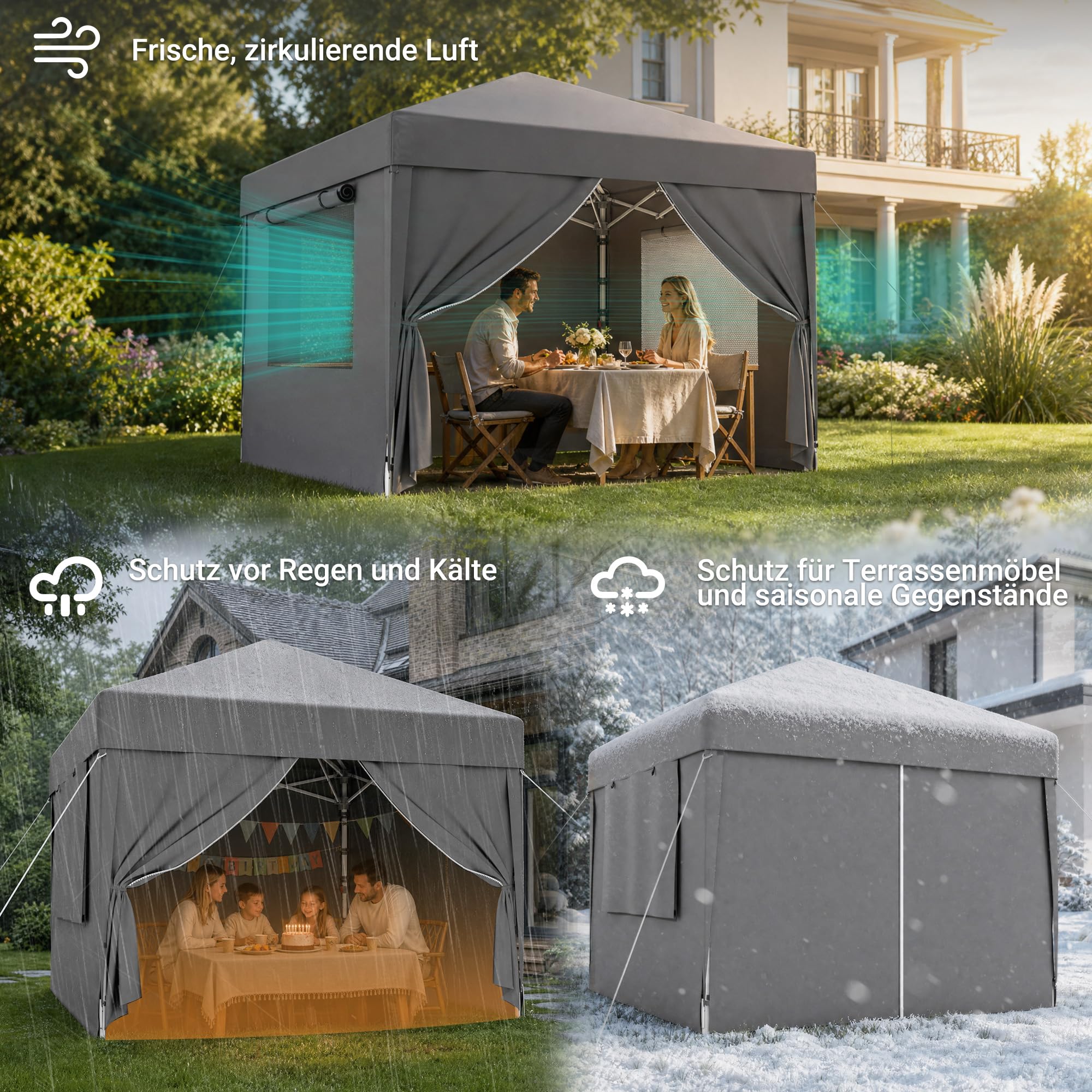 JUMMICO Pop Up Faltpavillon, 3 x 3 m Pavillon mit Netzfenstern zur Belüftung, UV-Schutz 50+, mit 4 Seitenwänden, wasserdicht stabil Winterfest，Faltbar Partyzelt Gartenzelt Gartenpavillon, Grau