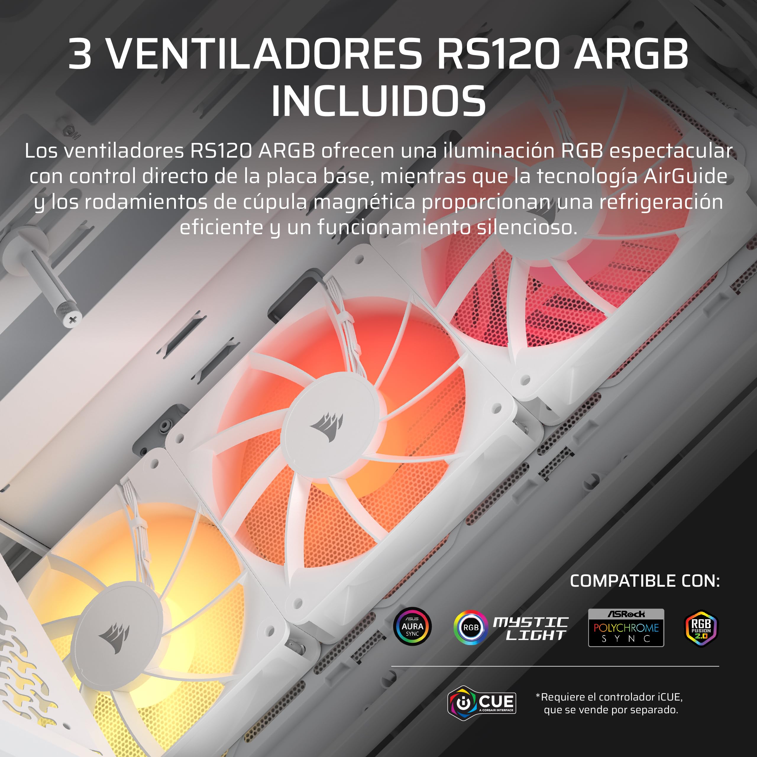 CORSAIR 3200D RS Caja para PC Semitorre ARGB – Blanco | 3 Ventiladores RS120 ARGB PWM Incluidos, Brazo Anticaída GPU, ASUS BTF, MSI Project Zero, Gigabyte Project Stealth