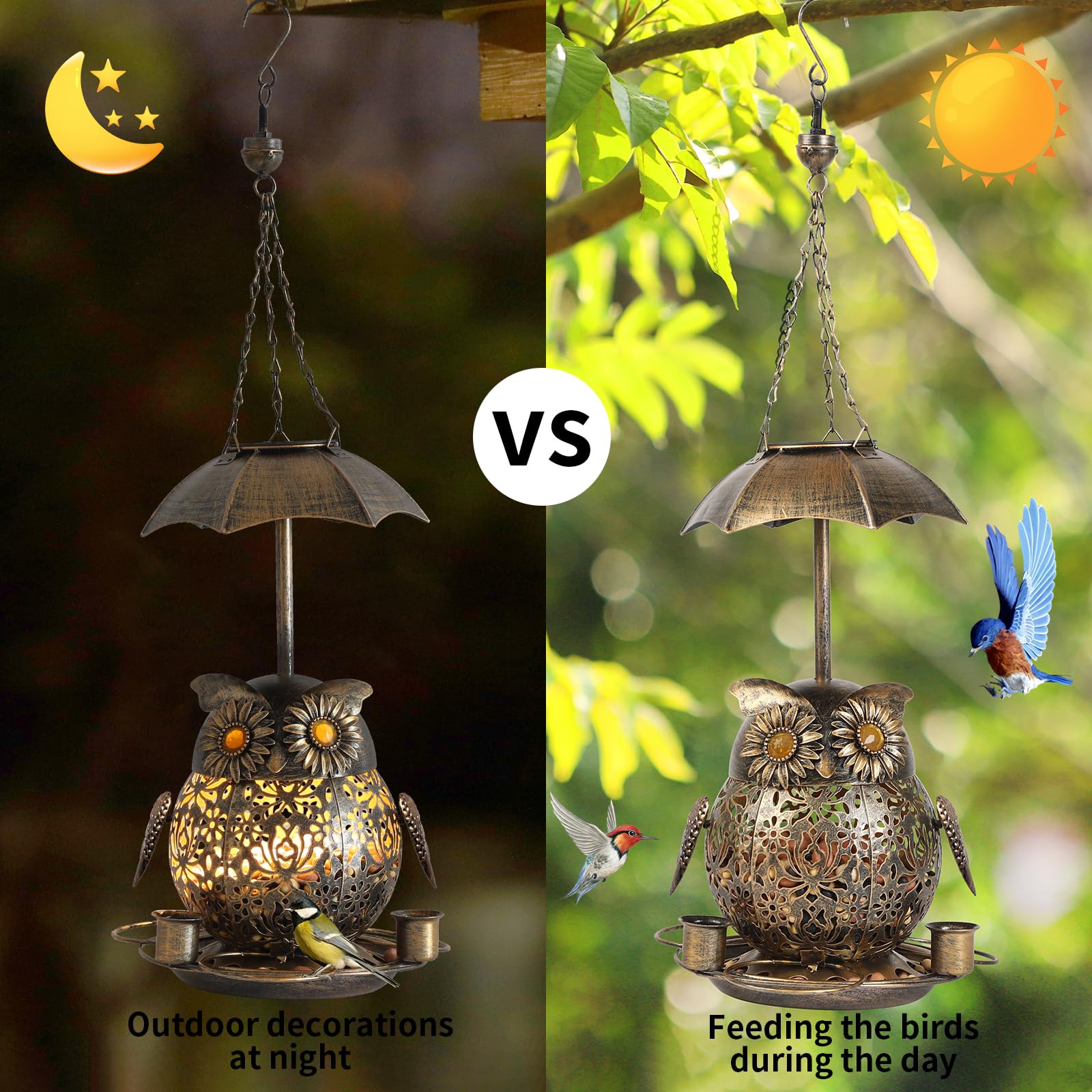 Comedero colgante para pájaros al aire libre. Comedero para pájaros a prueba de ardillas al aire libre. Comedero para pájaros con luz solar para exteriores con 3 tazas de agua. Jardín, patio trasero