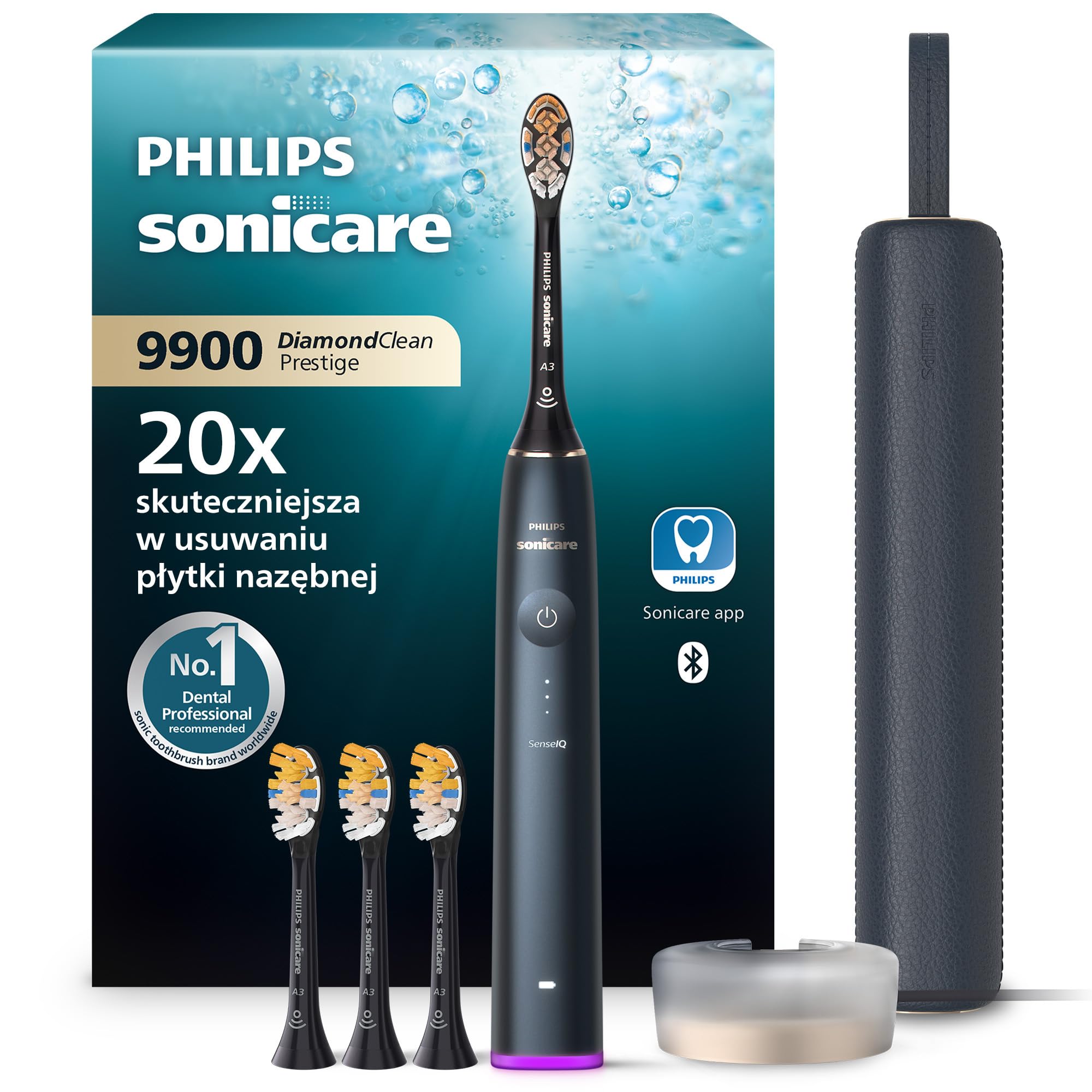 Philips Sonicare DiamondClean 9900 Prestige Elektryczna szczoteczka do zębów z technologią SenseIQ i aplikacją, 5 trybów szczotkowania, etui podróżne do ładowania, kolor ciemnogranatowy, HX9992/45