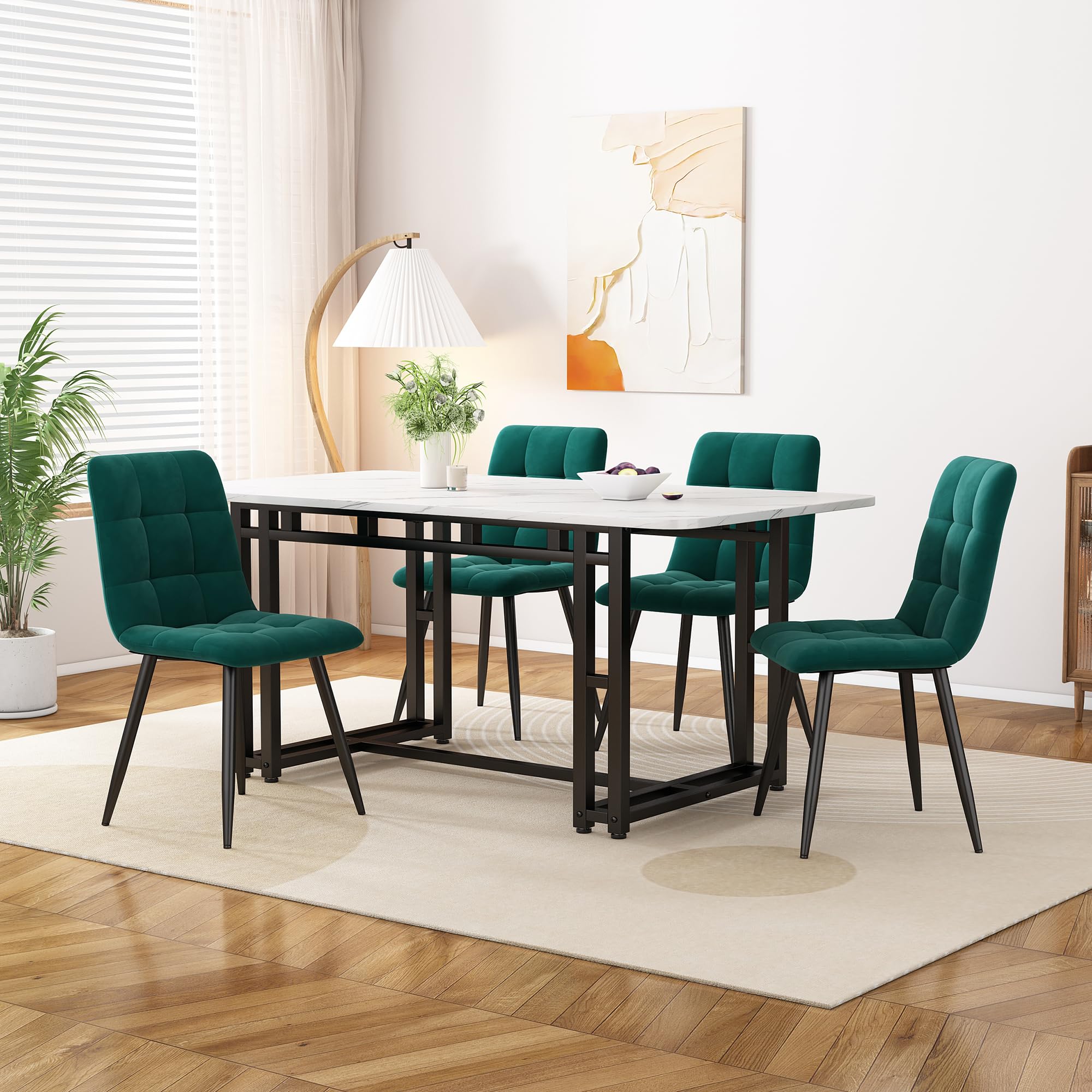 120 x 70 cm czarny stół do jadalni z zestawem 4 krzeseł. Nowoczesny zestaw do jadalni, ciemnozielony aksamit krzesła do jadalni. Czarny żelazny stolik na nogi