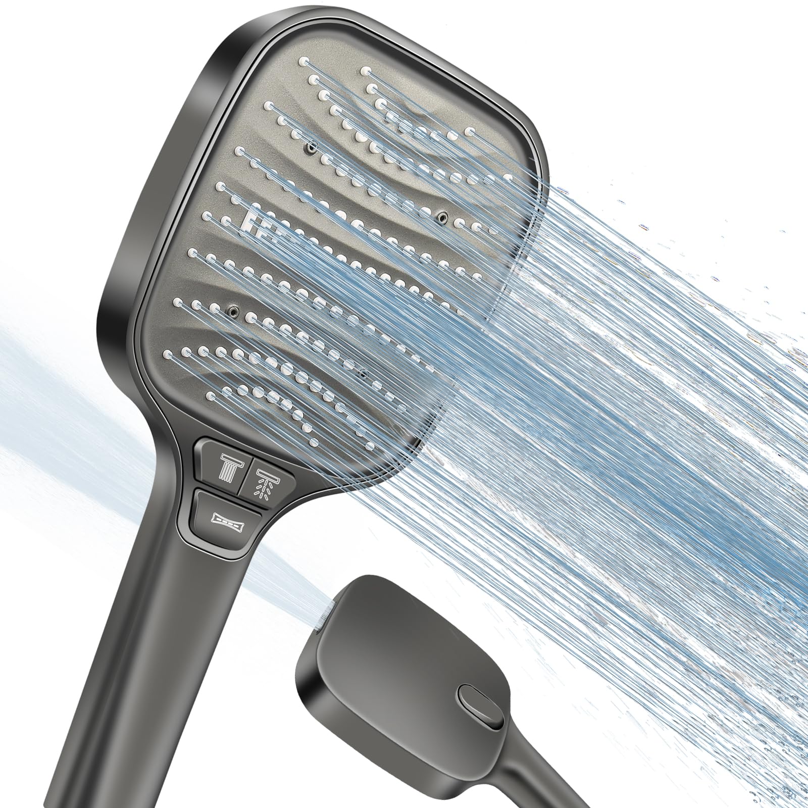 HNOOM Shower Head- 120mm Large Square High Pressure Shower Heads with 8 Spray Modes, Pressure Boosting Handheld Shower for Low Water Pressure, Powerful Flow & Water Saving (Grey)