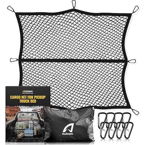 Cargo Net for Pickup Truck Bed - Stretchable 4'x4' to 7'x7', High Elastic Fine Mesh 1''x1'' with 8 Metal Carabiners - Ideal for ATV, SUV, UTV, Truck and Boat Use (Single Layer)