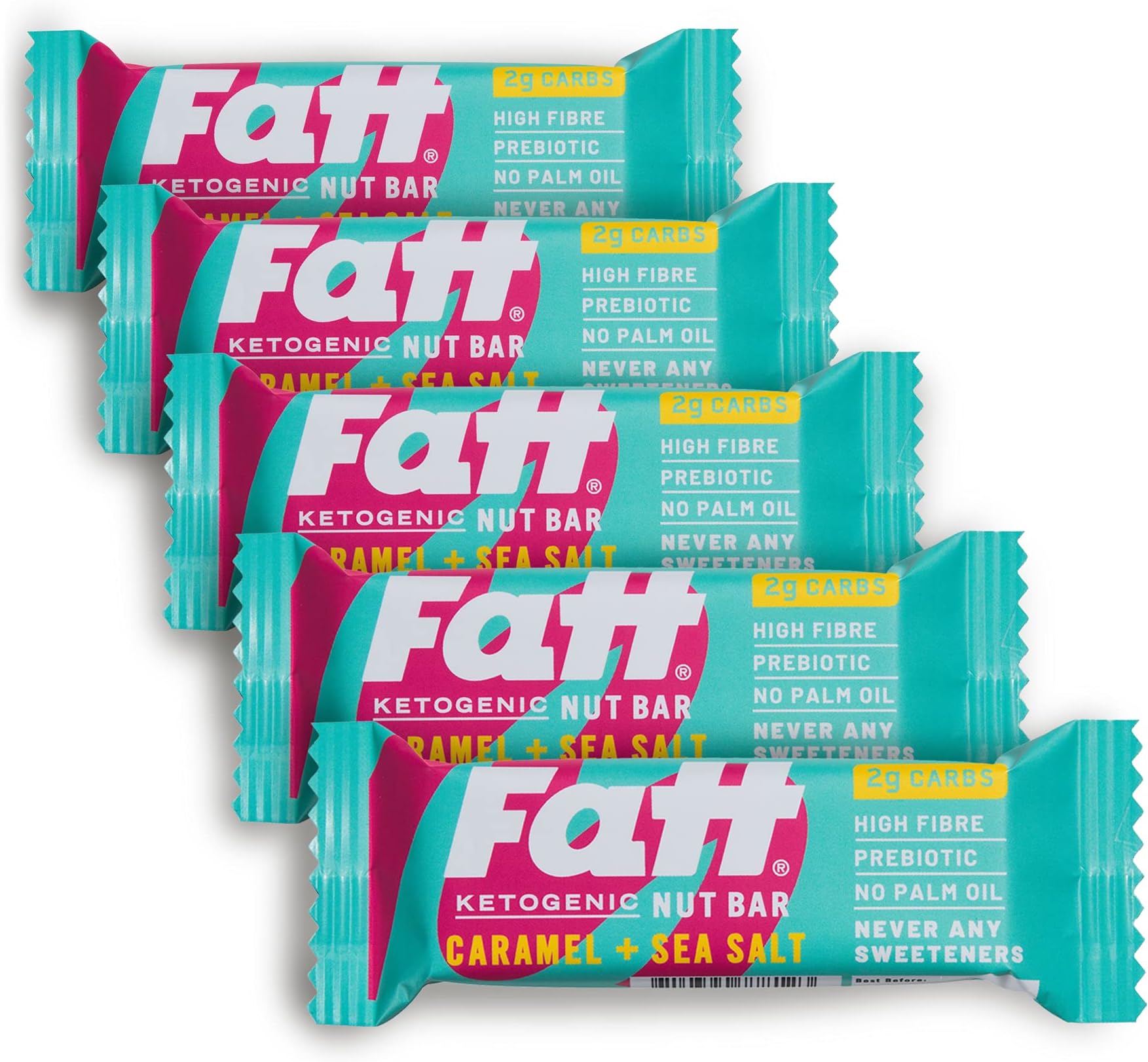 Fatt Keto Nut Bars - Caramel & Sea Salt, 5-Pack - 2g Carbs - 100% Natural Low-Carb Keto Snack Bar with Super Fats - High Fibre, Low Sugar, Sweetener Free & Vegan - Aka Fattbar