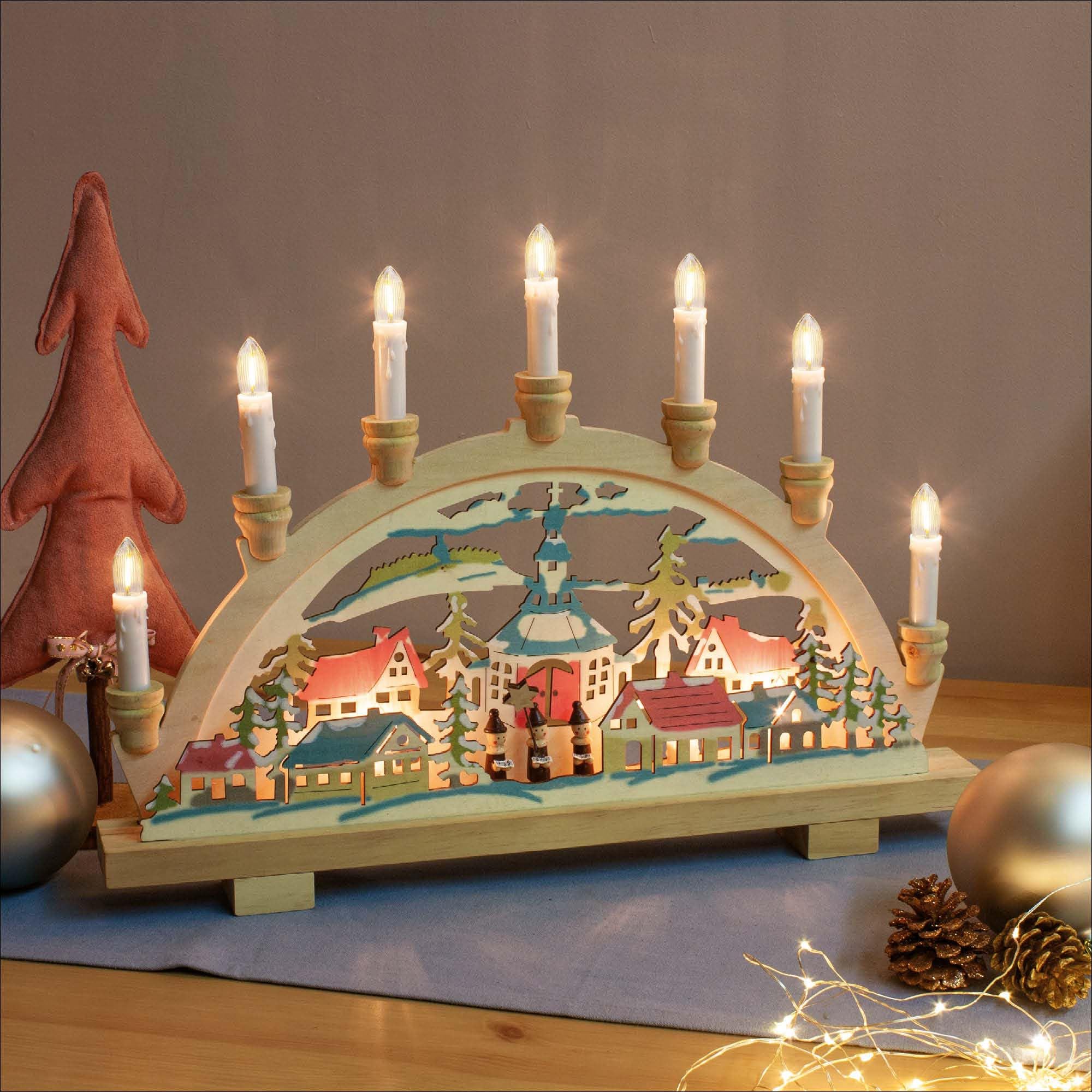 hellum 151817 Arche lumineuse, Décoration de Noël avec 10 bougies (+ 2 bougies de rechange) pour l'intérieur Motif chanteur d'étoiles en bois avec interrupteur et prise