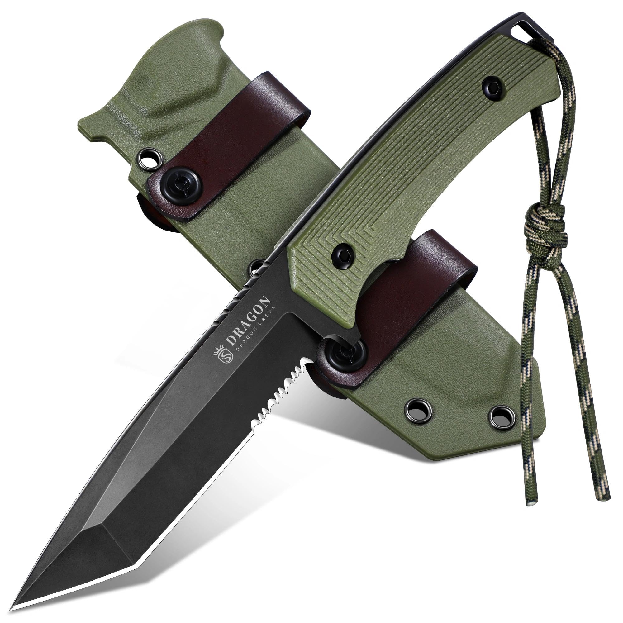 Dragon Creek Outdoor Messer feststehend – Tanto-Klinge mit Teilwellenschliff, mit Kydex-Scheide und Ergonomischer Griff – Bushcraft Survival Einsatzmesser für Camping, Trekking & Abenteuer(Grün)
