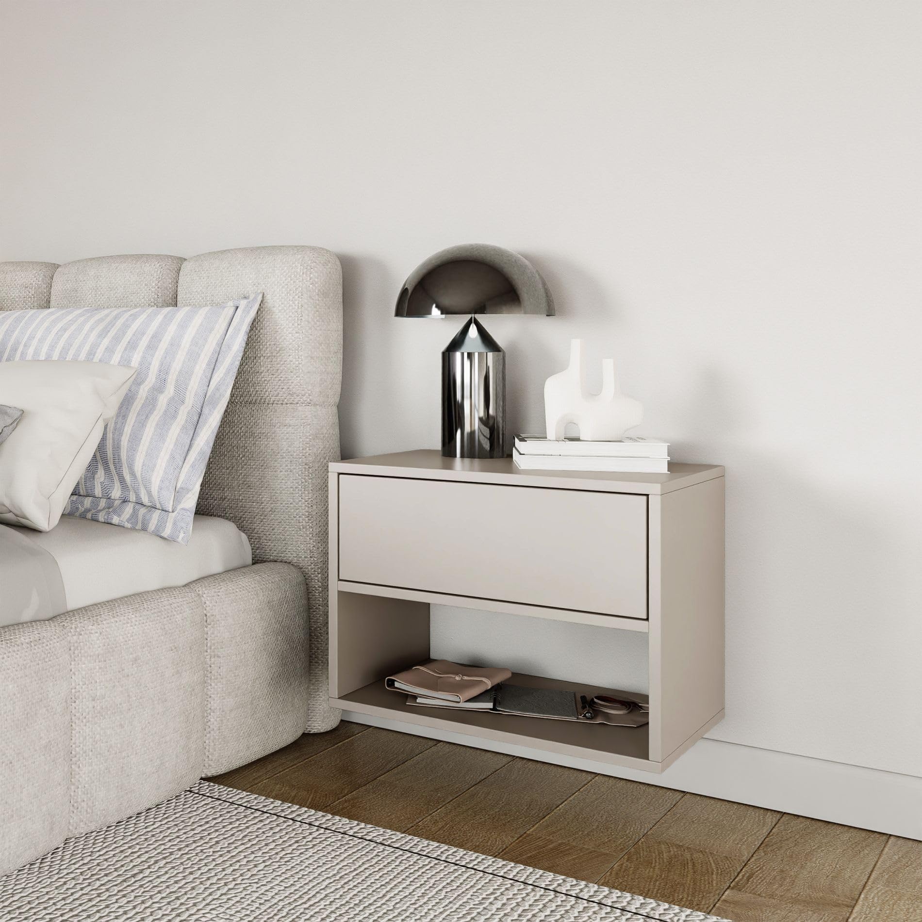 Selsey Comodino Sospeso Framme 50 cm Minimalista per Camera da Letto in Kaschmir Mensola con Cassetto Spazioso Sistema Push to Open Venature Naturali Uniche