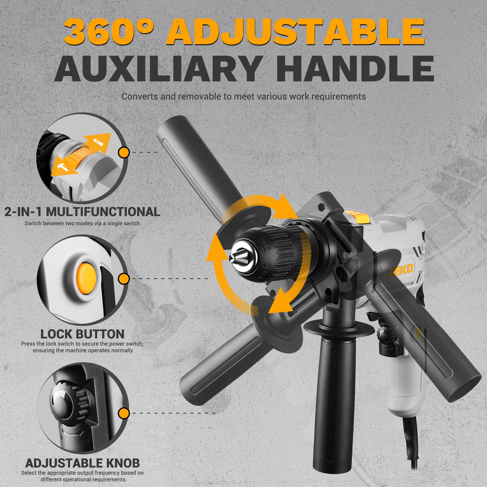 DEKOPRO Perceuse à Percussion Filaire 500W - 2 en 1 Perceuse Béton, Mandrin Sans Clé 13mm, Poignée Rotative 360°, 3000 RPM, 3 Forets (3 x Métal, Béton, Bois), Idéale pour Bois, Métaux Tendres et Béton