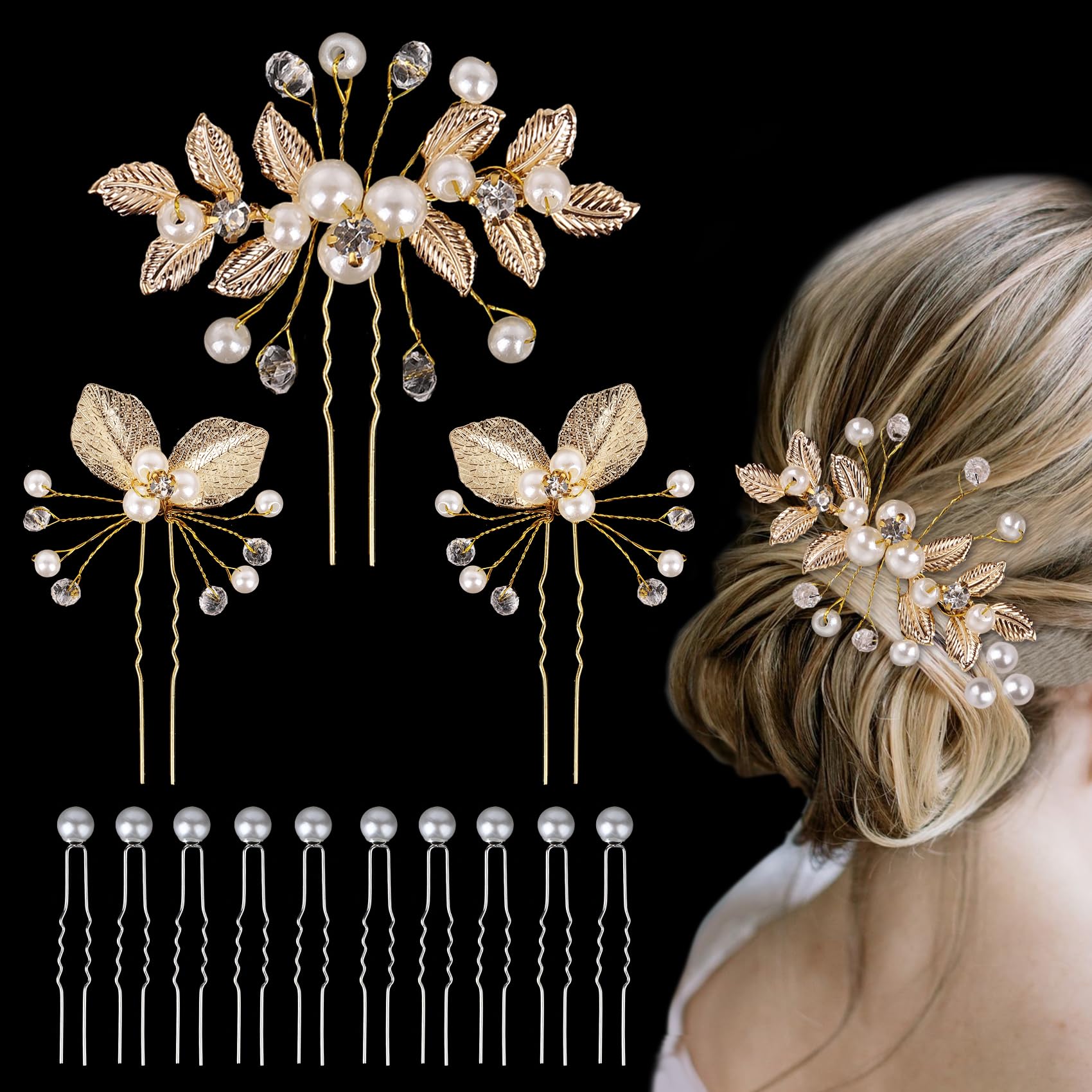 13 piezas de accesorios para el cabello de novia de oro, horquillas de perlas de la boda de flores pinzas para el cabello en forma de U peine del pelo para las niñas novia dama de honor