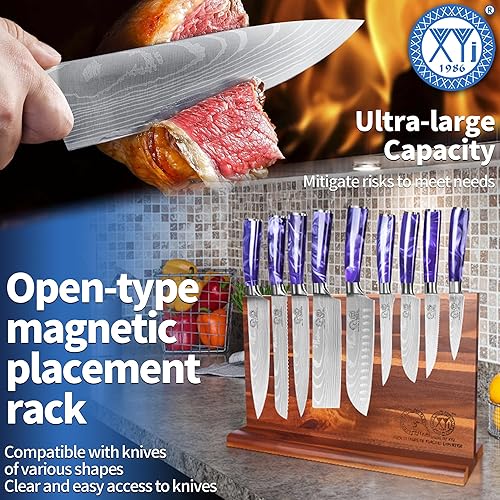 Miniatura 5 de XYJ Auténtico desde 1986, juego de cuchillos de chef profesional con bloque, tijeras, palo de afilar, tabla de cortar, guantes, estilo japonés,