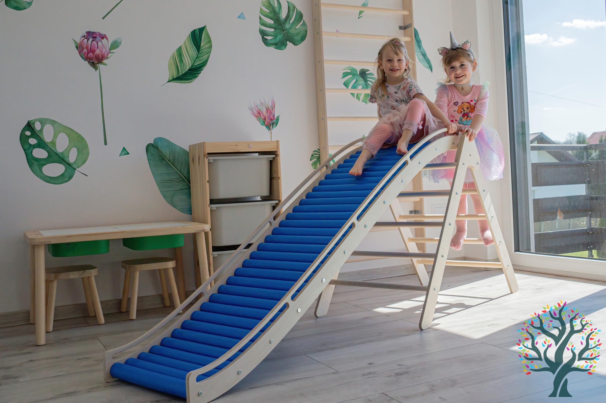 WoodsCraft 3in1 Wellenrutsche mit Kletterdreieck, Sprossenwand für Kinderzimmer & Kinderzelt Indoor | Rutsche Outdoor & Indoor | Kinderrutsche-Rollenrutsche | Kinder & Baby Rutsche für den Garten