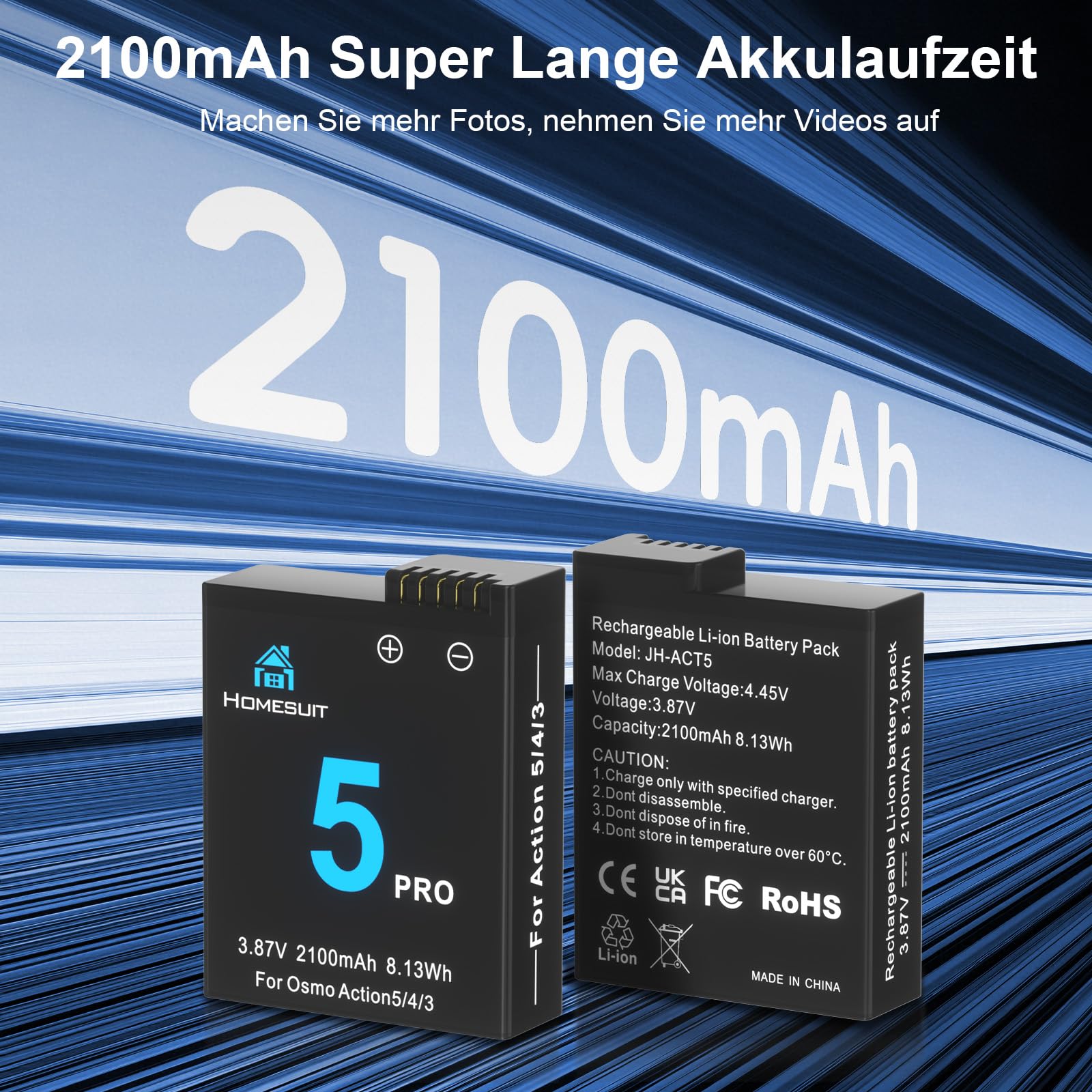 Homesuit Osmo Action 6 5 Pro 4 3 Akku 2100mAh und 18W Dual USB LCD Ladegerät Kit für DJI OsmoAction6 / OsmoAction5Pro / OsmoAction4 / OsmoAction3 (2er-Pack)