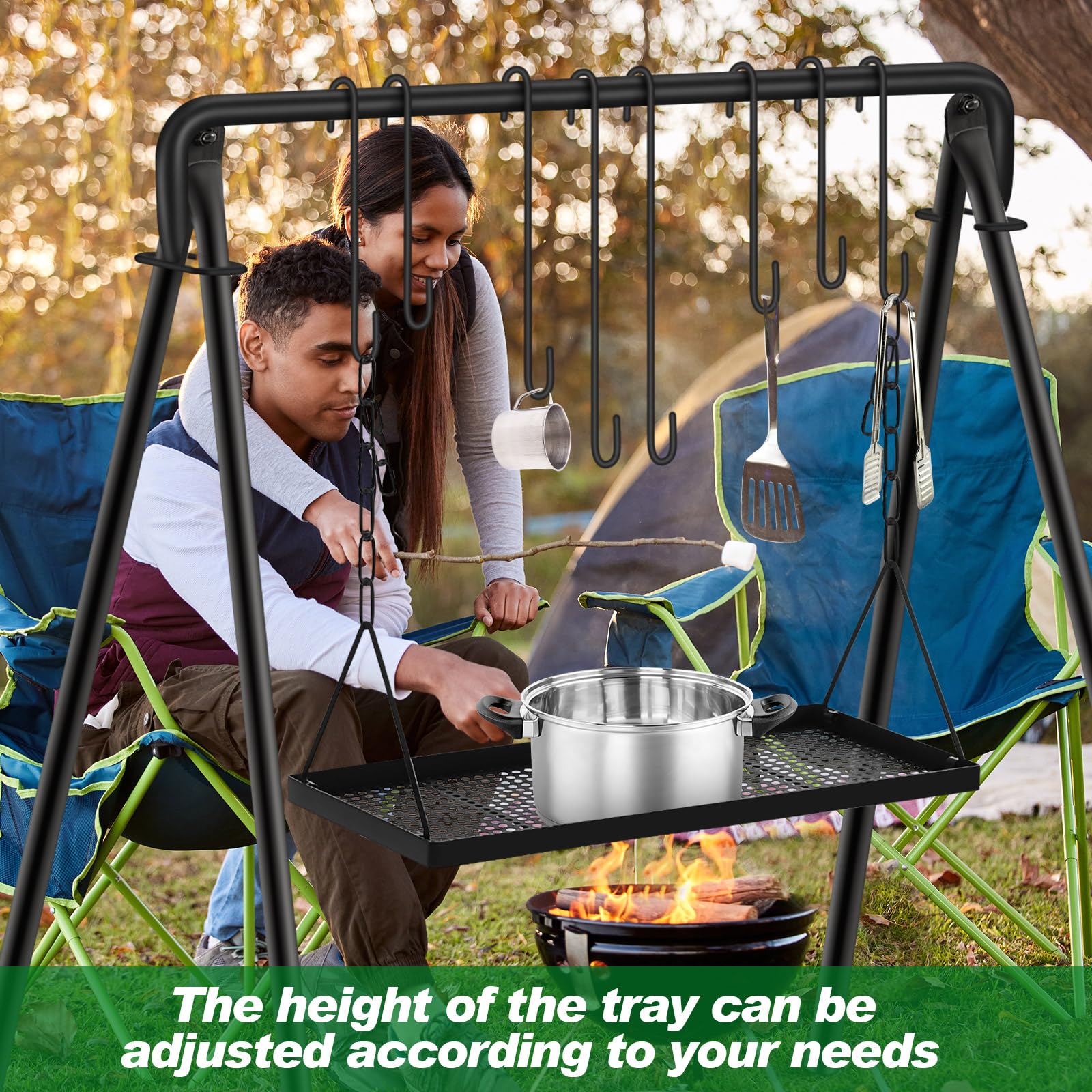 Rossesay Soporte de parrilla ajustable para fogata, soporte para colgar con 8 ganchos y accesorios, equipo de cocina para barbacoa, picnic, fiesta al aire libre (bandeja grande)