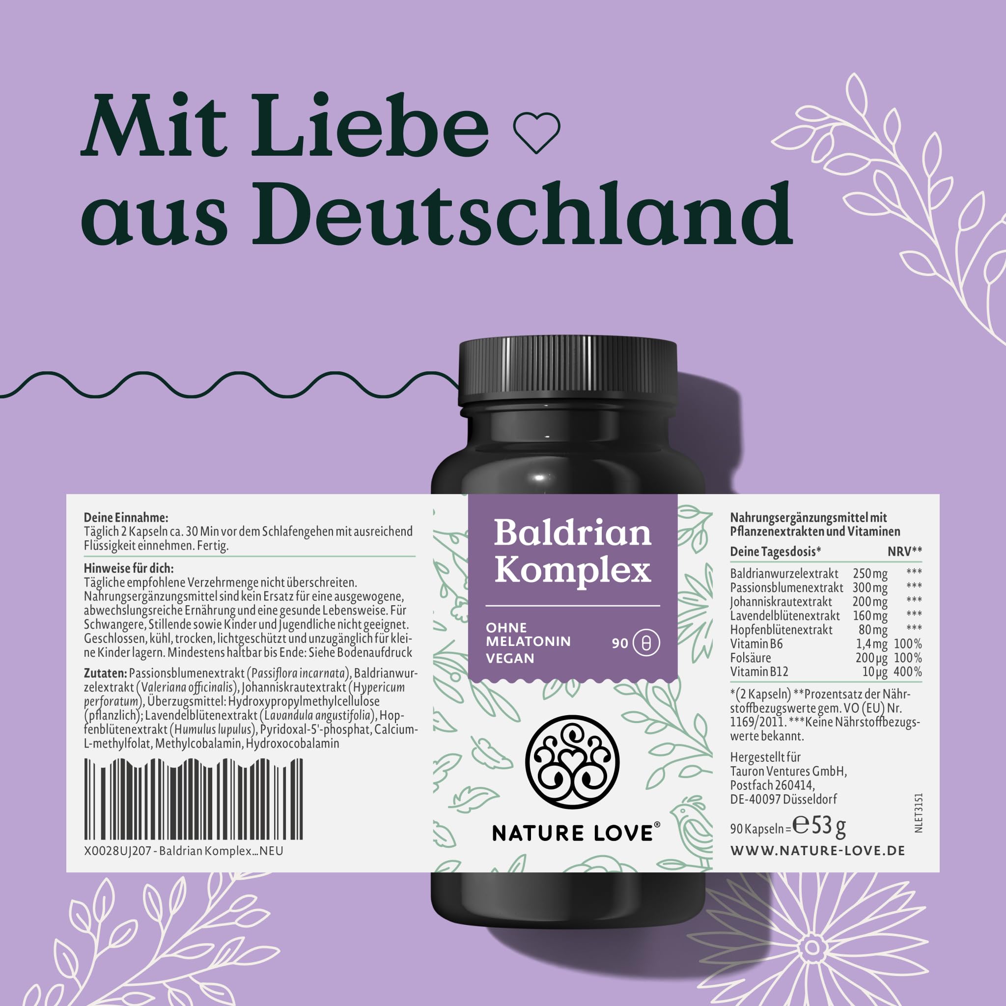 NATURE LOVE® Baldrian Komplex – 90 Kapseln ohne Melatonin – mit Johanniskraut, Passionsblume, Folsäure, Lavendelblüte & B-Vitaminen – vegan