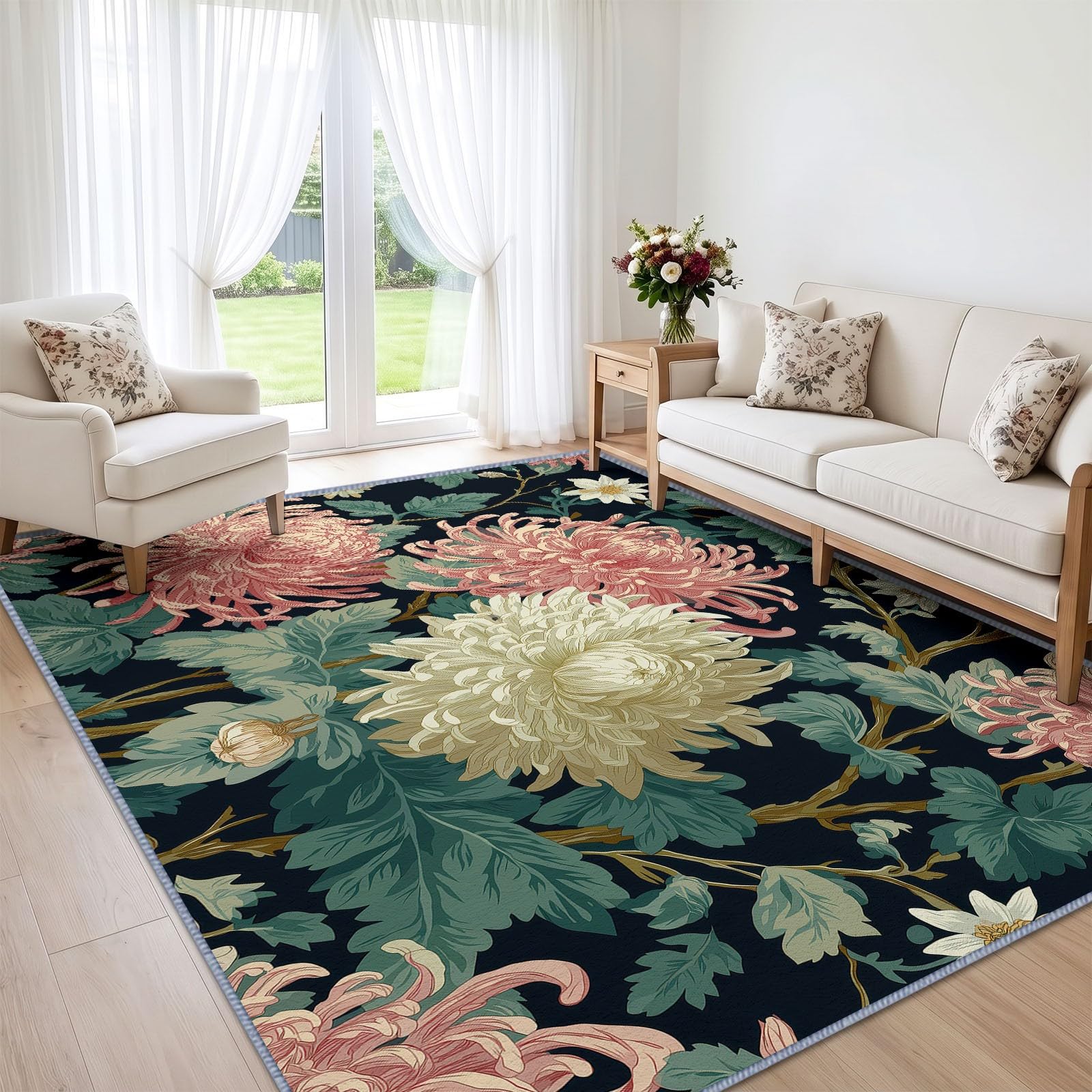 Generisch Chrysantheme Dahlie Kurzflor Teppich 240 x 300 cmweich pflegeleicht, Klassisch Handwerk Pflanze Waschbarer Teppich rutschfest Kurzflorig Weich für Wohnzimmer Schlafzimmer Esszimmer