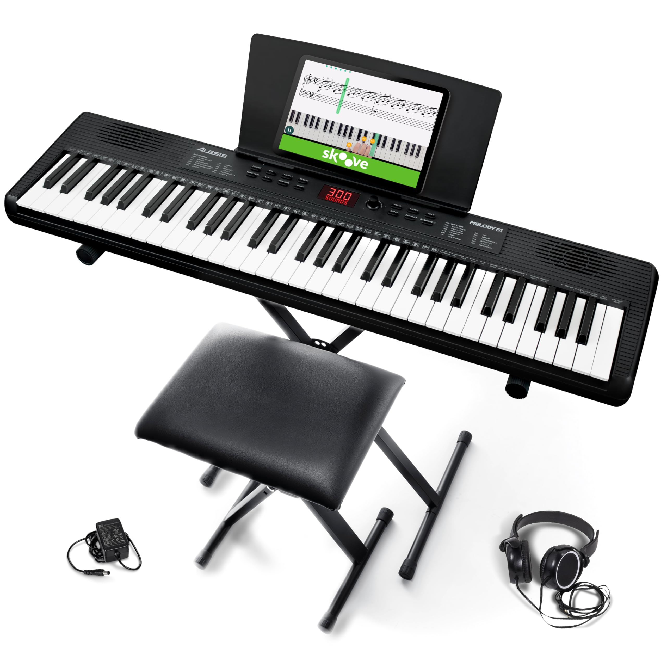 Alesis Melody 61 MK4 Keyboard Piano for Beginners with 61 Keys, Speakers, Stand, Bench, Headphones, Tablet/Sheet Music Stand, 300 Sounds and Music Lessons