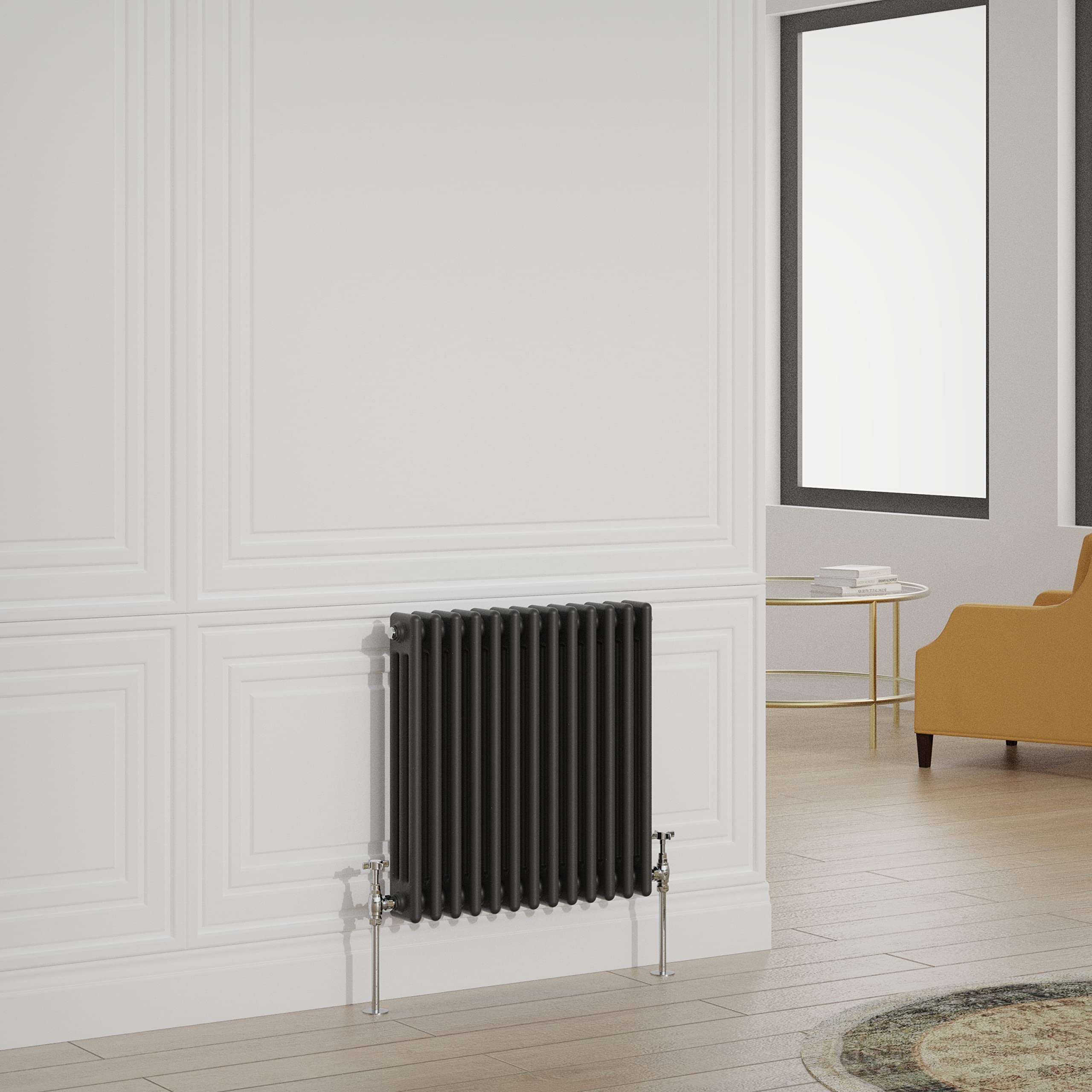 Warmehaus Traditional Radiator Triple Column Black Horizontal Cast Iron Style Central Heating Radiator - 600x605mm