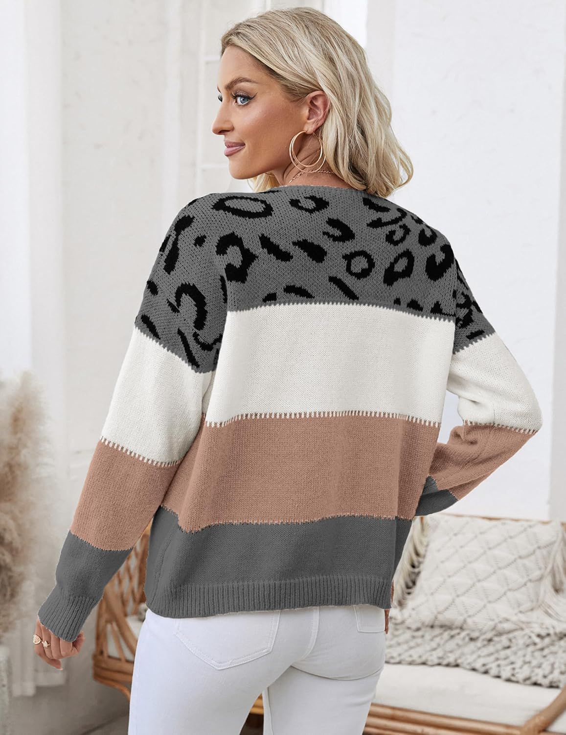 Womens Oversized Cute Color Block Leopard Sweater Fall 2025 Trendy Ladies Dressy Causal Knit Boat Neck Pullover Top - Image 3