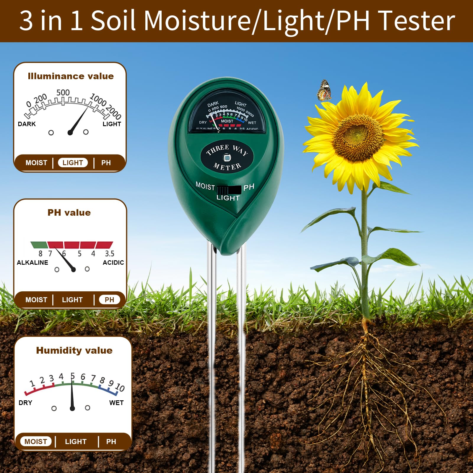 Medidor de pH 3 en 1 para medir la humedad del suelo, medidor de luz solar del suelo, indicador de riego de plantas, kit de prueba de suelo para jardín, granja, kit de prueba de suelo preciso