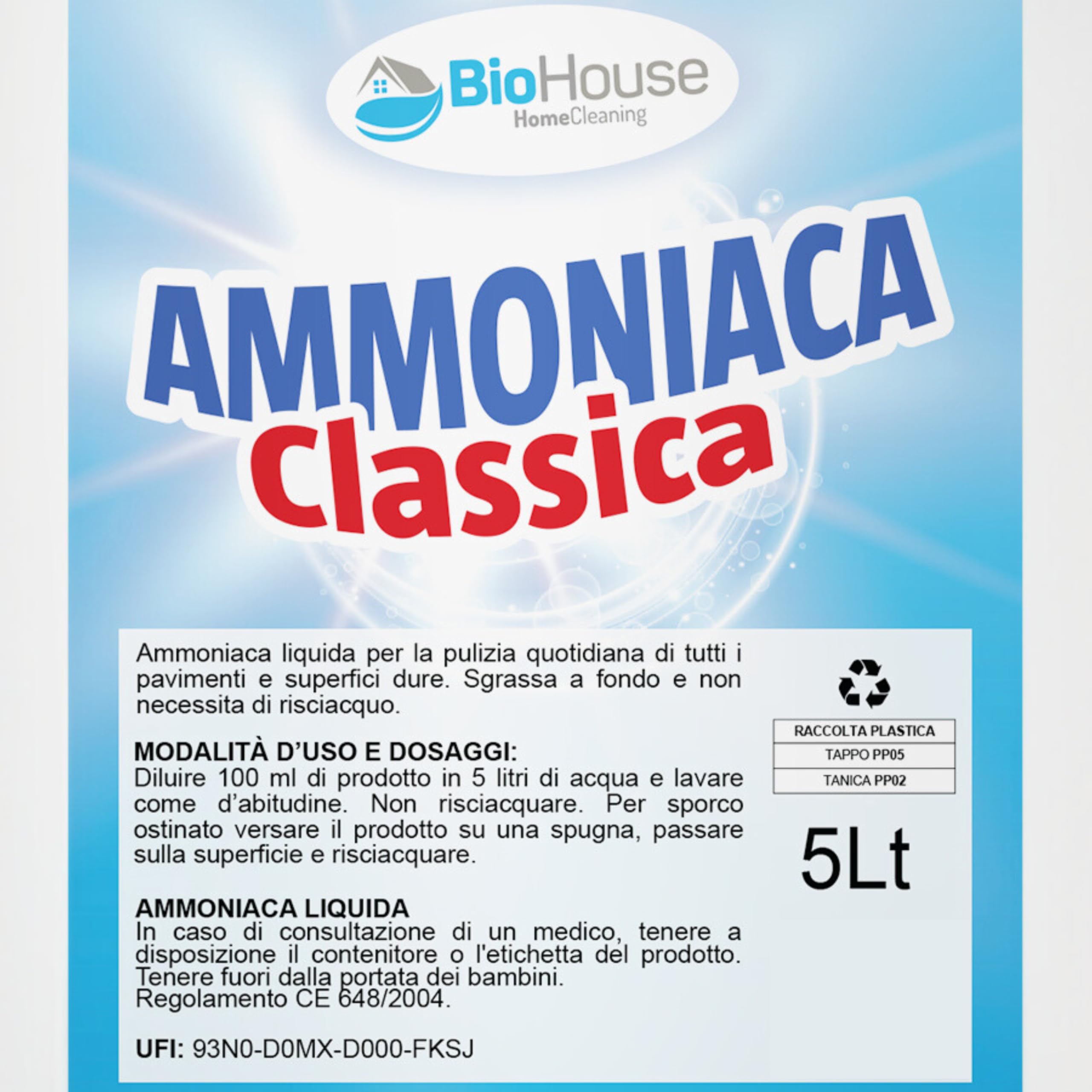 Ammoniaca 5 Litri Ammoniaca Liquida per Pavimenti e Superfici Dure. Sgrassa e Non Necessita Risciacquo Detersivo Pavimenti Profumato (1 Pezzo, Classica)