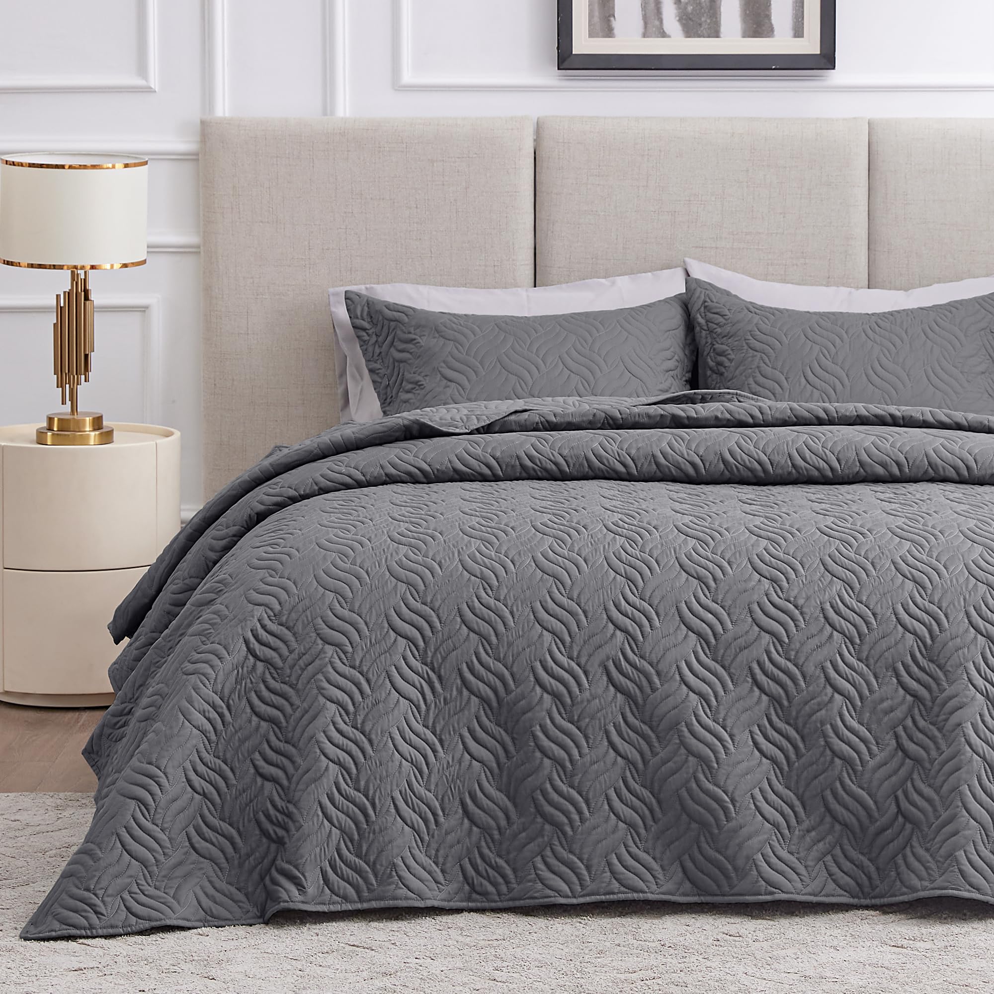 Love's cabin King Size Quilt Set, Soft Bedspread Comforter, Dark Grey | Ultra Soft Lightweight Wave Pattern Coverlet, Ultrasonic Quilting Technology, All-Season Bedding Set, 1 Quilt & 2 Shams