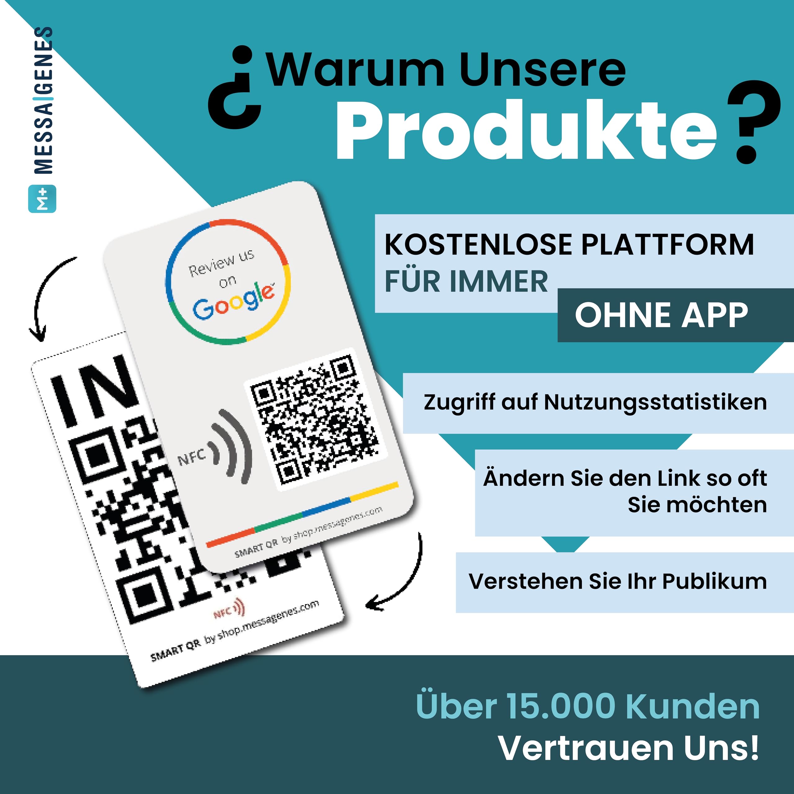 MESSAGENES | PVC-Karte Bewertung auf Google QR Code und NFC + INFO QR | Google Bewertung Aufsteller | PACK 2 Einheiten 12 x 8 cm | Schilder Bewertung NFC und QR Code | INFO + Google Review Card NFC