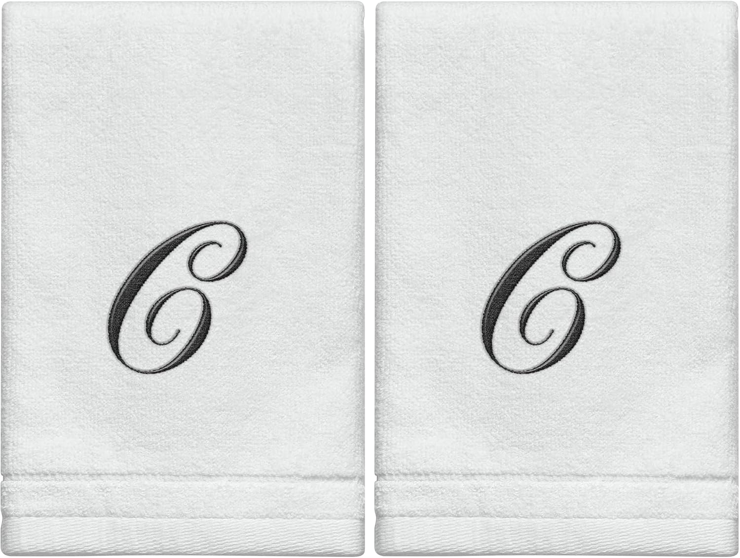 Monogrammed Towels Fingertip, Personalized Gift, 11 x 18 Inches - Set of 2- Black Embroidered Towel - Extra Absorbent 100% Cotton- Soft Velour Finish - For Bathroom/ Kitchen/ Spa- Initial C (White)