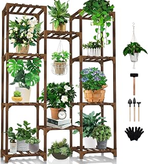 Uneedem 10-Tier Wood Plant Stand Indoor Outdoor - Holds 11 Pots, 150lbs Capacity Tall Shelf for Corner Balcony Patio Garden