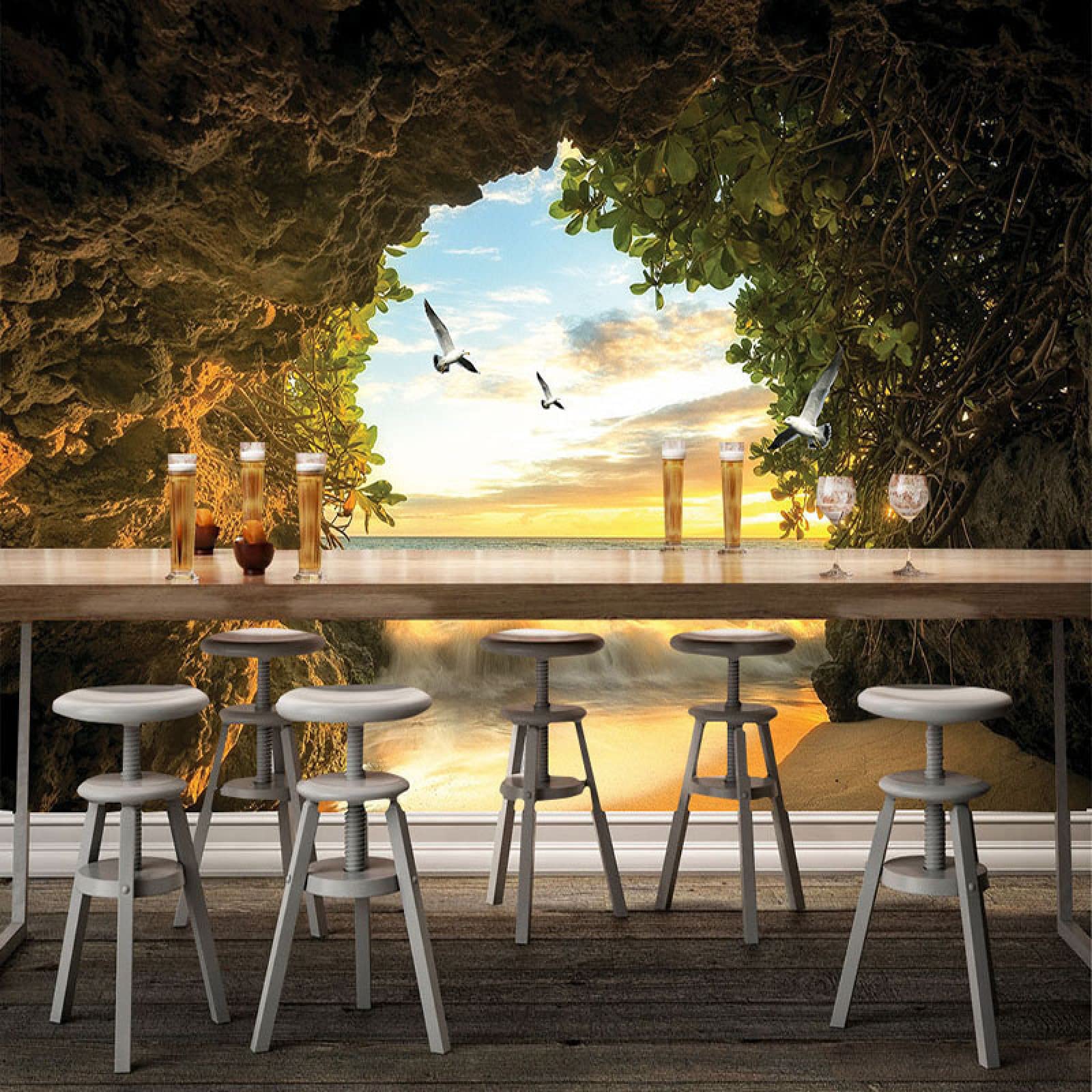 Papel pintado autoadhesivo de PVC 3D sala de estar mural cueva paisaje marino pájaro volador telón de fondo arte pegatina dormitorio cartel