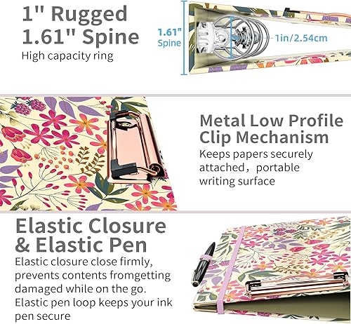 Miniatura 3 de Ospelelf Mini 3 Ring Binder, 1 Inch, Cute Floral Binder for 5.5" x 8.5" with 5 Tab Dividers, File Folder Labels and Low Profile Clipboards