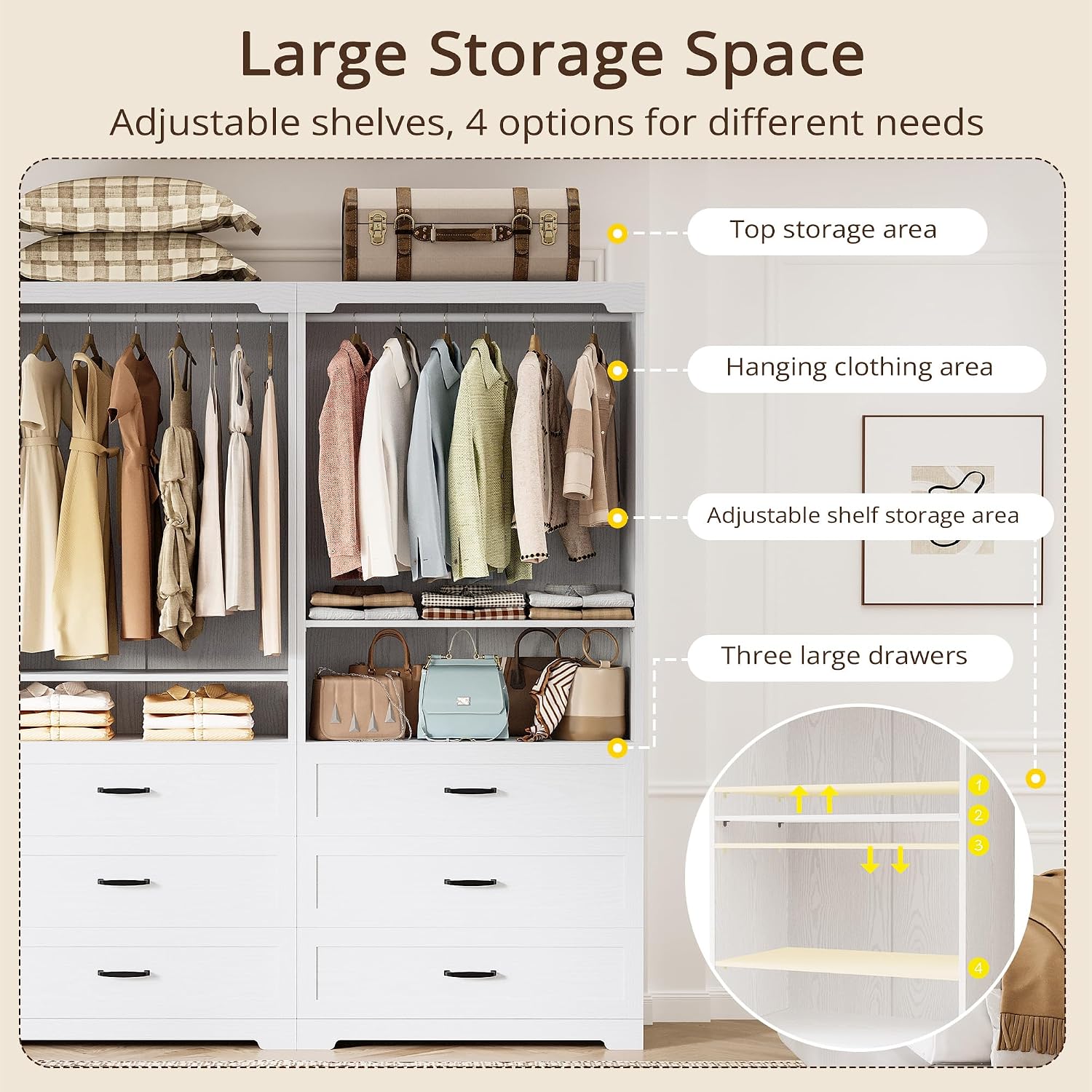IRONCK Freestanding Closet System with 3 Wood Drawers, Modern Armoire Wardrobe with Adjustable Shelves & Hanging Rod, Walk-in Closet Systems Organizer, 31.5" White