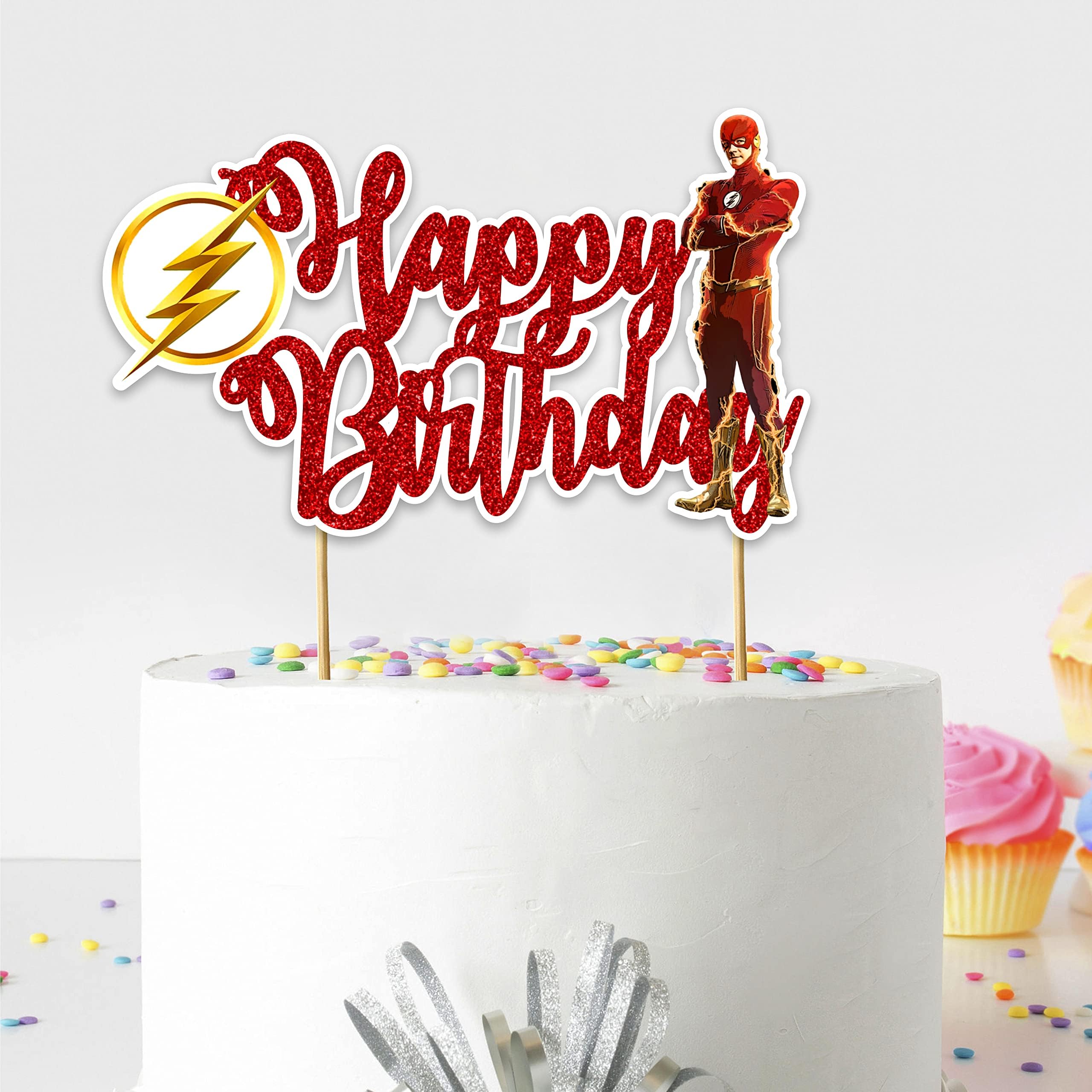 Flsh Happy Birthday Cake Topper – Superhero Themed Birthday Cake Decoration – Durable, Reusable, and Easy to Use Cake Topper – Perfect Party Supplies for Boys and Girls Celebration