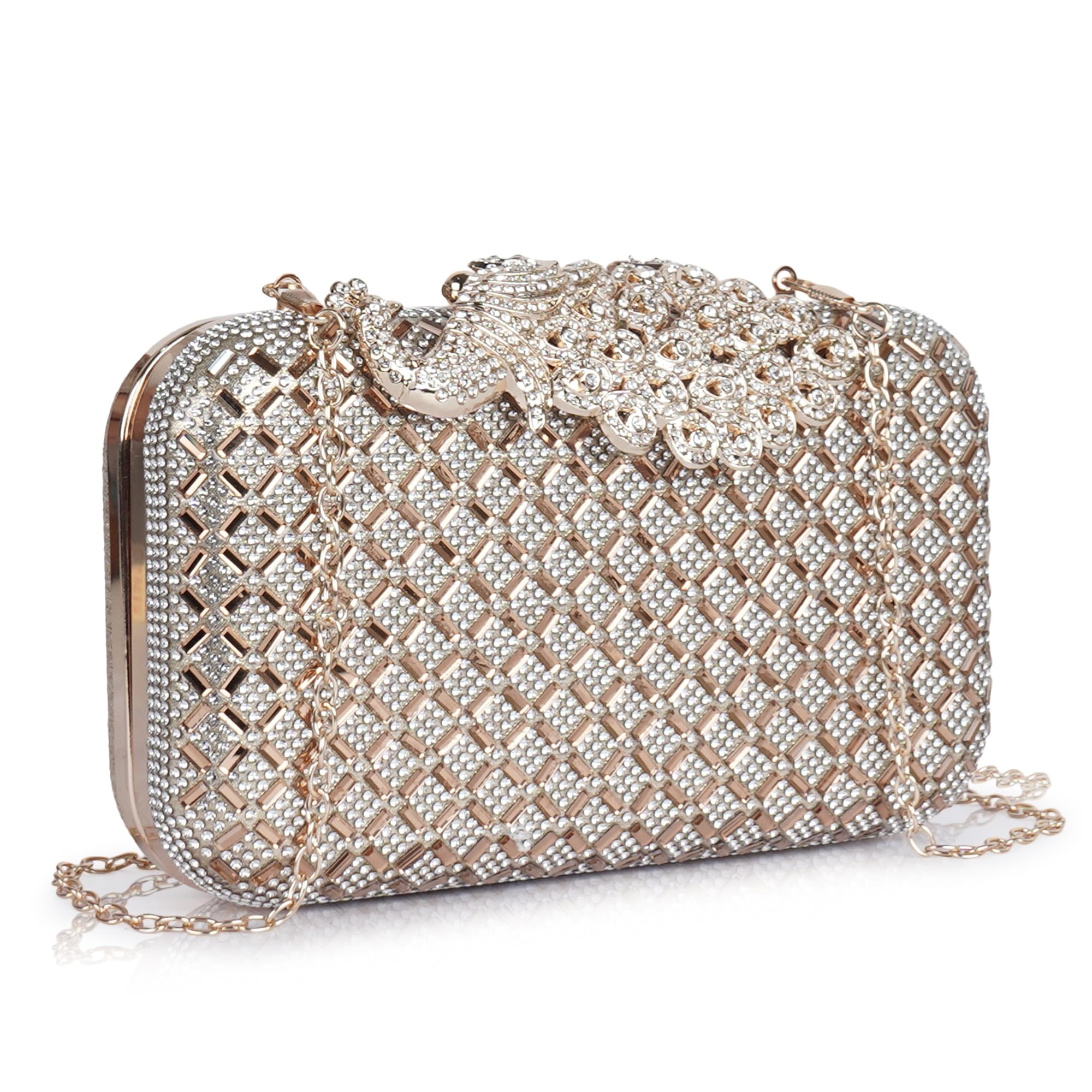 lady quinton Crystal Rhinestone Evening Clutch Purse, Rose Gold, Chain Strap-picture-31