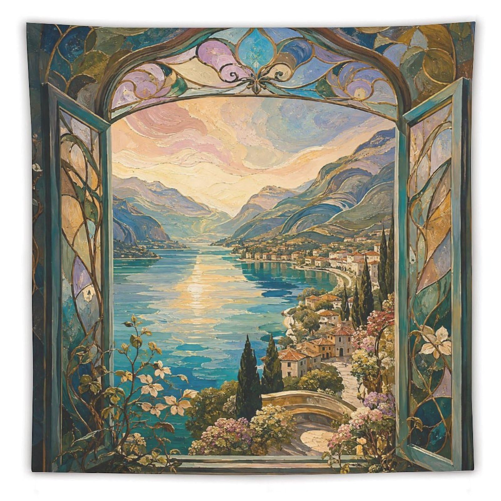 W7C8U2X3 Stained Glass Lake Window Wall Tapestry, Mosaic Style, Apartment
