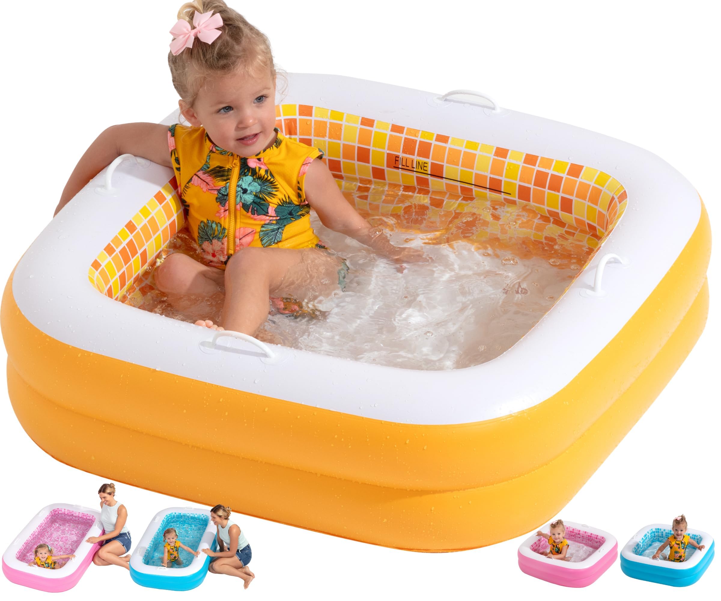 Baby and Toddler Pool with Cushioned Floor, Handles & Drain, 34"x10" Skin Safe Small Square Inflatable Kiddie Pool Portable Bathtub and Ball Pit, Summer Outdoor Gift for Babies, Infants & Toddlers 1-3