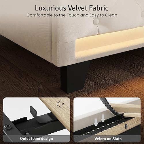 Miniatura 7 de Belffin Marco de cama tamaño Queen con cabecero, cabecero tapizado de terciopelo de 50 pulgadas de alto, cama plataforma con luces LED y 2 puertos
