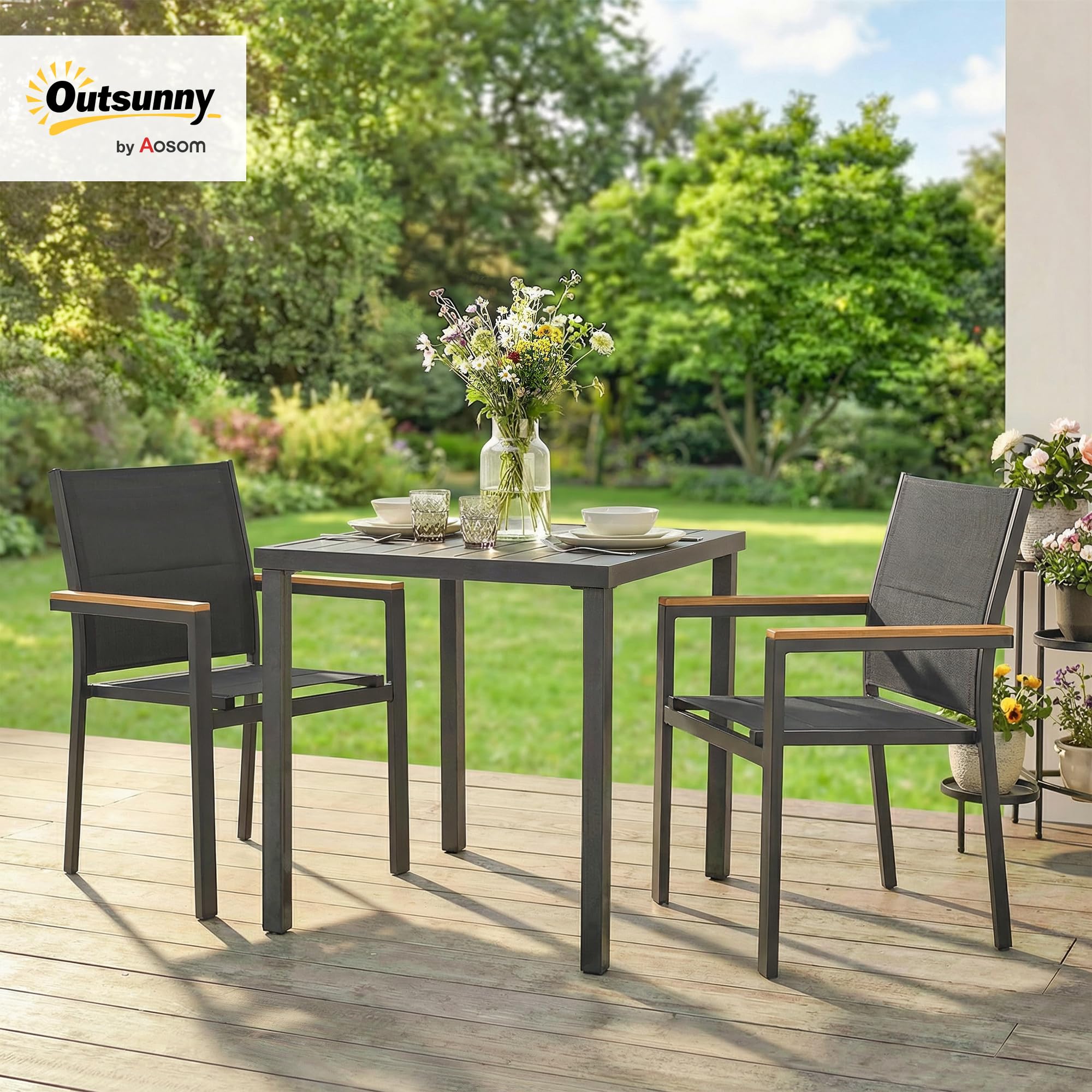 Outsunny Set 2 Sedie da Giardino Impilabili Imbottite in Texteline, Alluminio con Braccioli Effetto Legno, 56x55x85 cm, Grigio Scuro