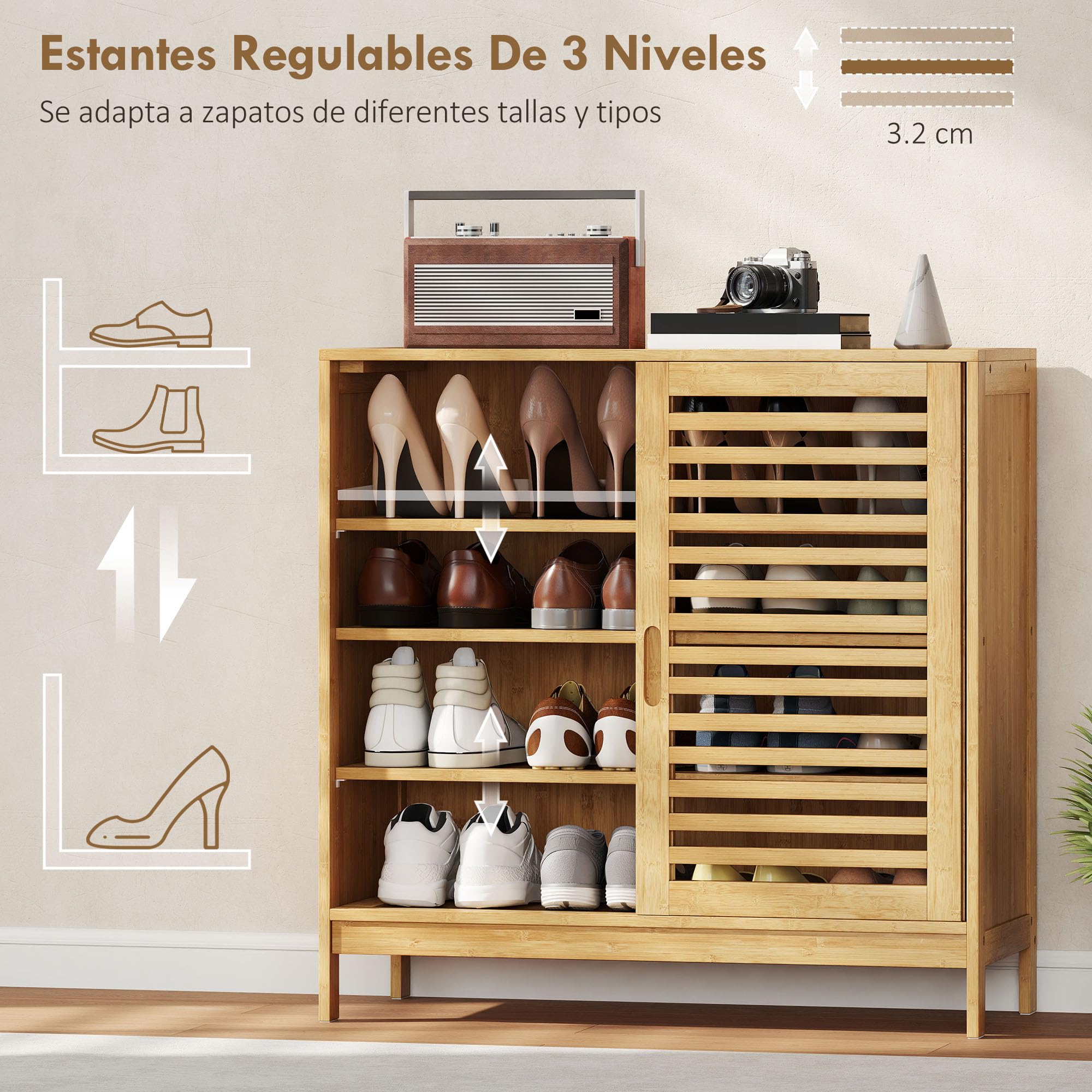 HOMCOM Zapatero de Bambú con 2 Puertas Correderas de Lamas, Zapatero Entrada Recibidor con Estantes Ajustables, para 16 Pares de Zapatos, 80x35x80 cm, Natural