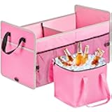 Car Trunk Organizer with Individual Cooler Bag - 2 Compartment Collapsible Car Storage for SUV (Pink)