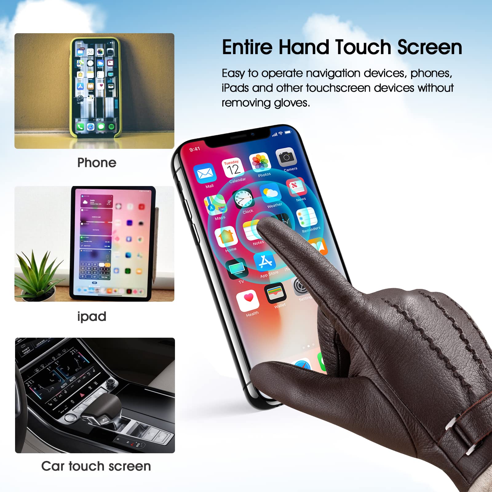 Acdyion Guantes de invierno para hombre, de piel, para pantalla táctil, informales, para exteriores, con forro térmico suave y cálido para vestido, conducción