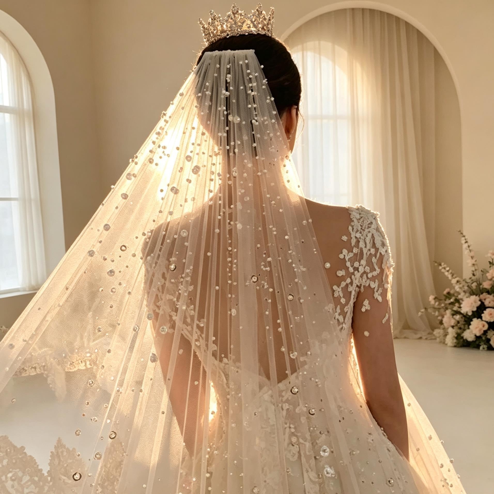 Velo da Sposa Velo di Perle e Strass con Strascico Etereo Onirico