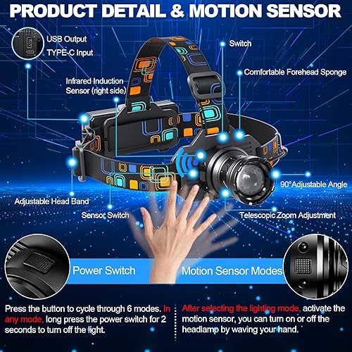 Miniatura 3 de Linterna frontal recargable, lámpara LED brillante con luz blanca y roja, sensor de movimiento de 90 ajustable con zoom de 90, 6 modos, luces de