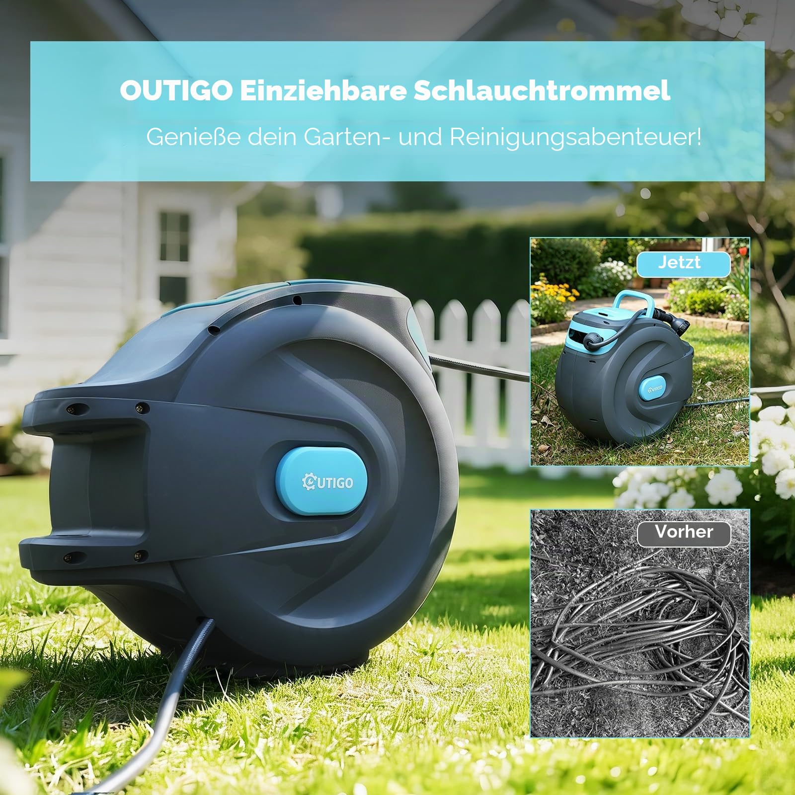 OUTIGO automatische Schlauchtrommel Wasser 25m, 180° schwenkbar mit Wandhalterung und Tragegriff, Schlauchaufroller mit 8-Muster-Sprühdüse und Aufroll-Automatik, zum Gießen und Autowaschen