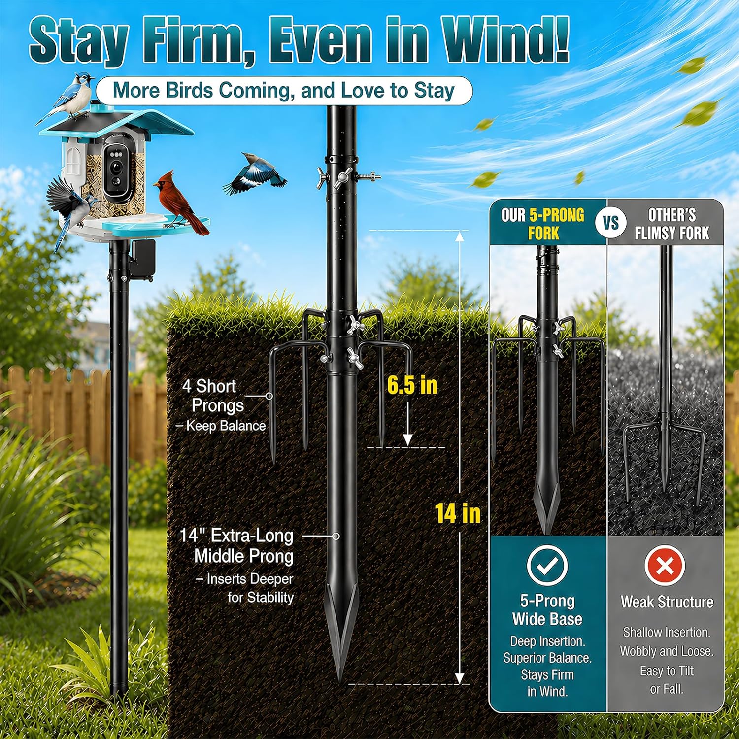 Heavy Duty Bird Feeder Pole - 103" Extra Tall Bird House Stand Outdoor, Anti-Tip Stakes & Stable Mount for Smart Camera Birdfeeder,Bluebird House, BirdBuddy, Birdfy