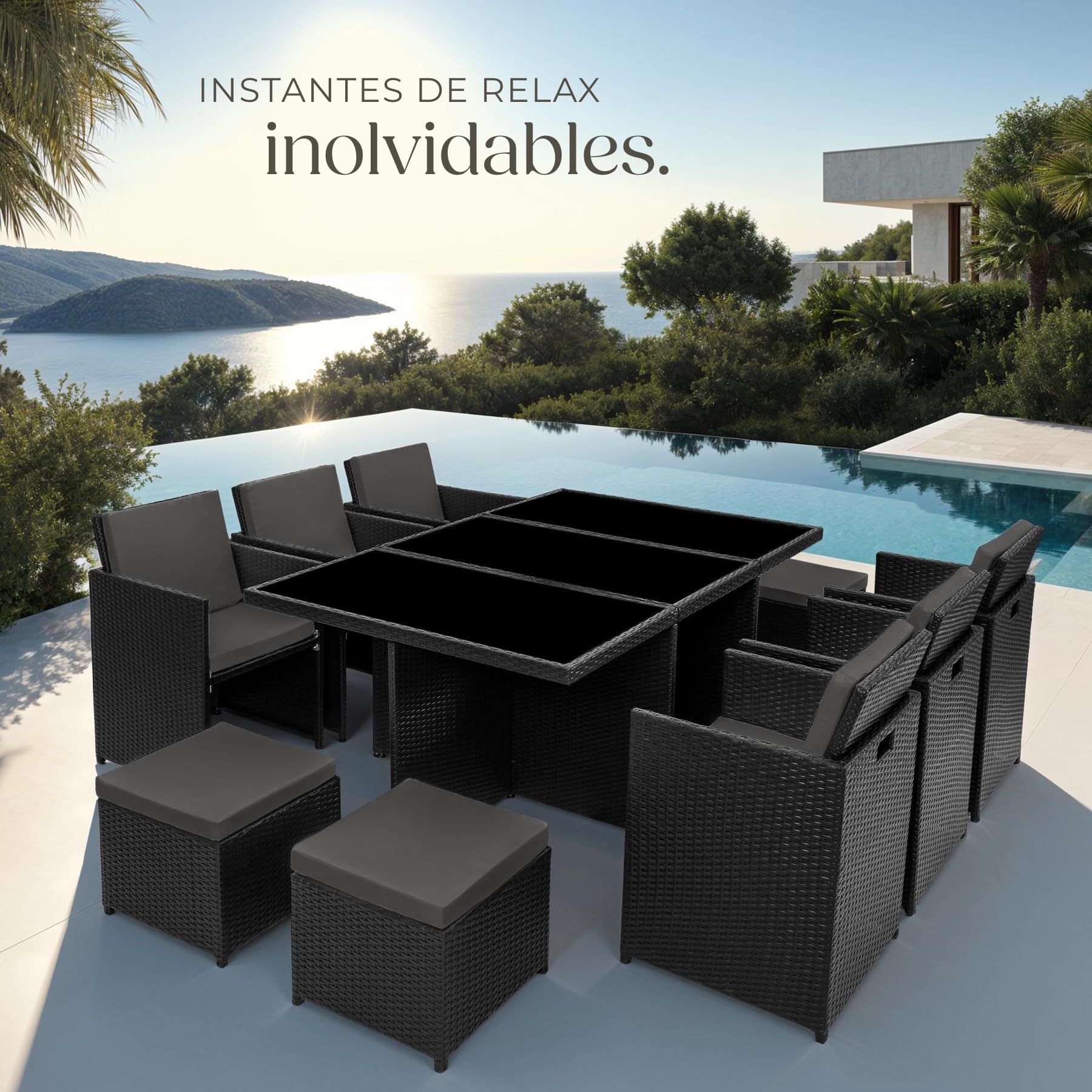 tectake® Conjunto Jardín Exterior de Ratán y Aluminio, Muebles Jardín Exterior Resistentes a la Intemperie, para hasta 10 Personas, con 2 Juegos de Fundas y Funda Protectora - Negro