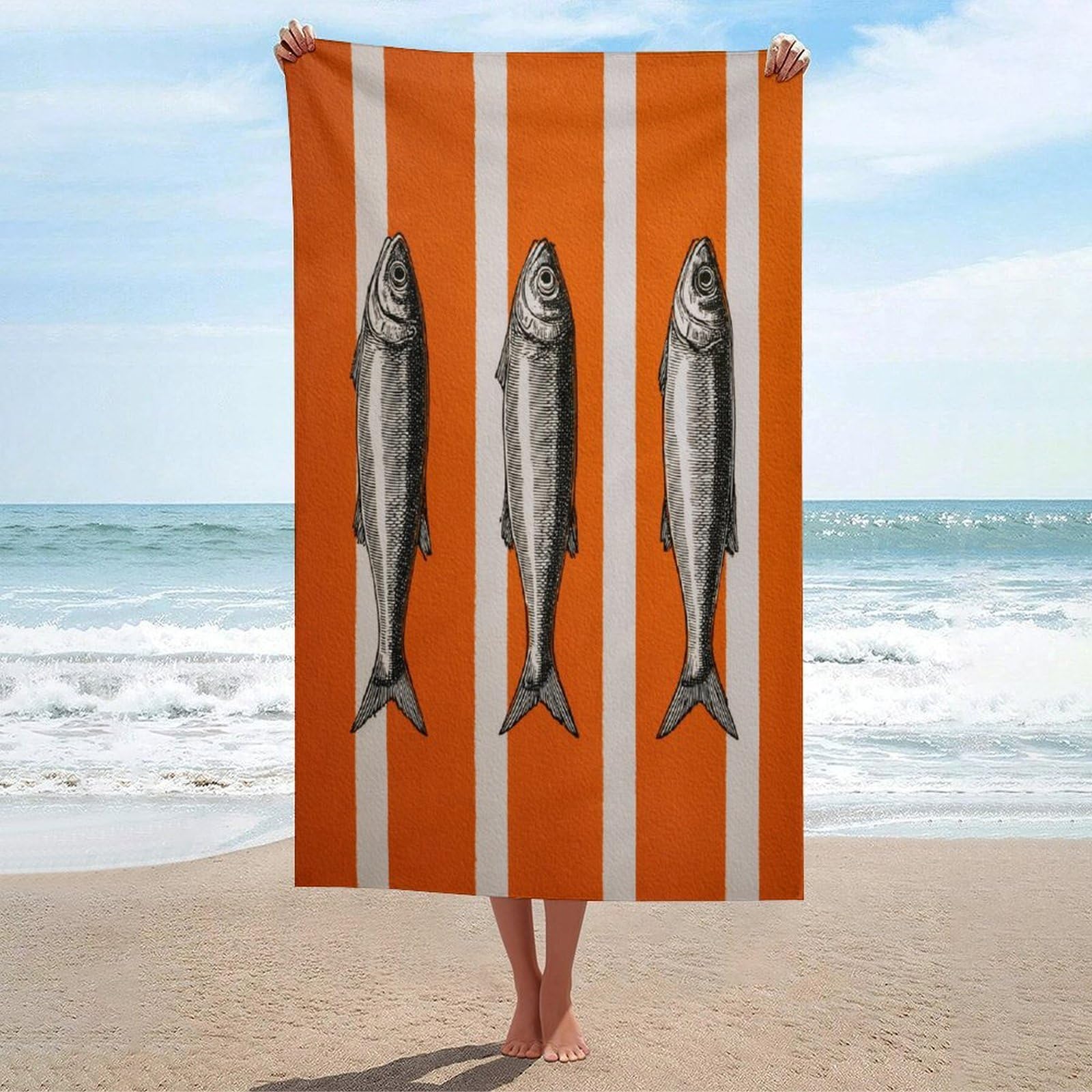 LSRCPD Orange And White Striped Three Sardines Beach Towel Sand Free Microfiber Large Shower Towels Multipurpose Absorbent for Bathroom Pool 130x80 CM